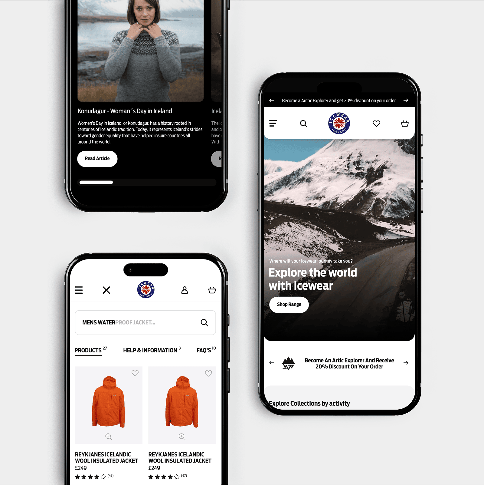 Mobile UI of the Icewear Magento 2 website showing the article feed and Icelandic wool clothing, highlighting mobile first UX design for outdoor clothing ecommerce.