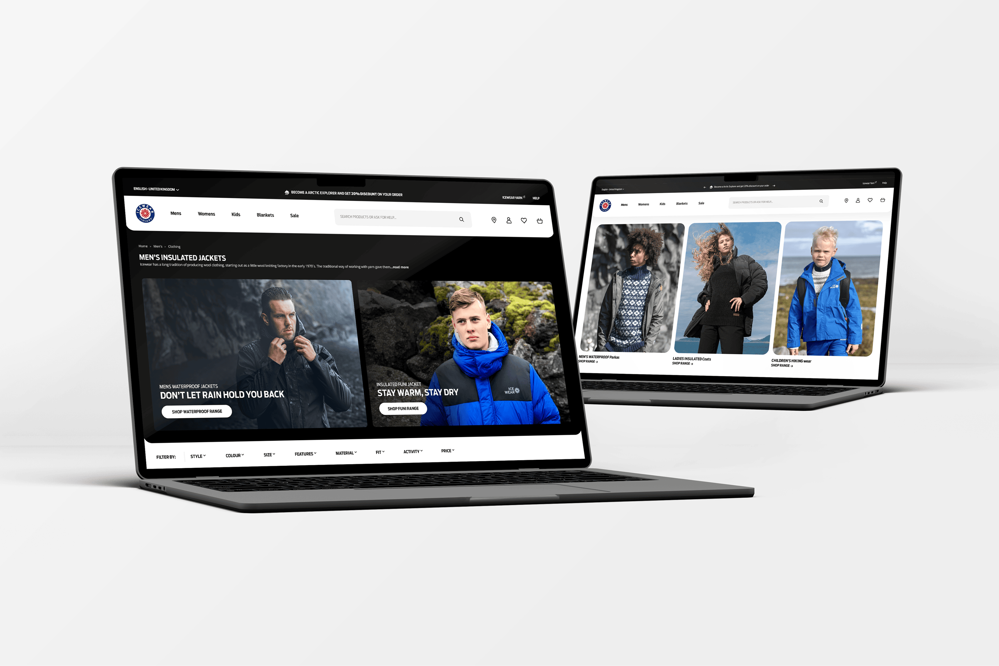 Personalised Icewear homepage view with Icelandic knitwear and recommended products, showcasing UX customisation and Magento 2 performance optimisation.