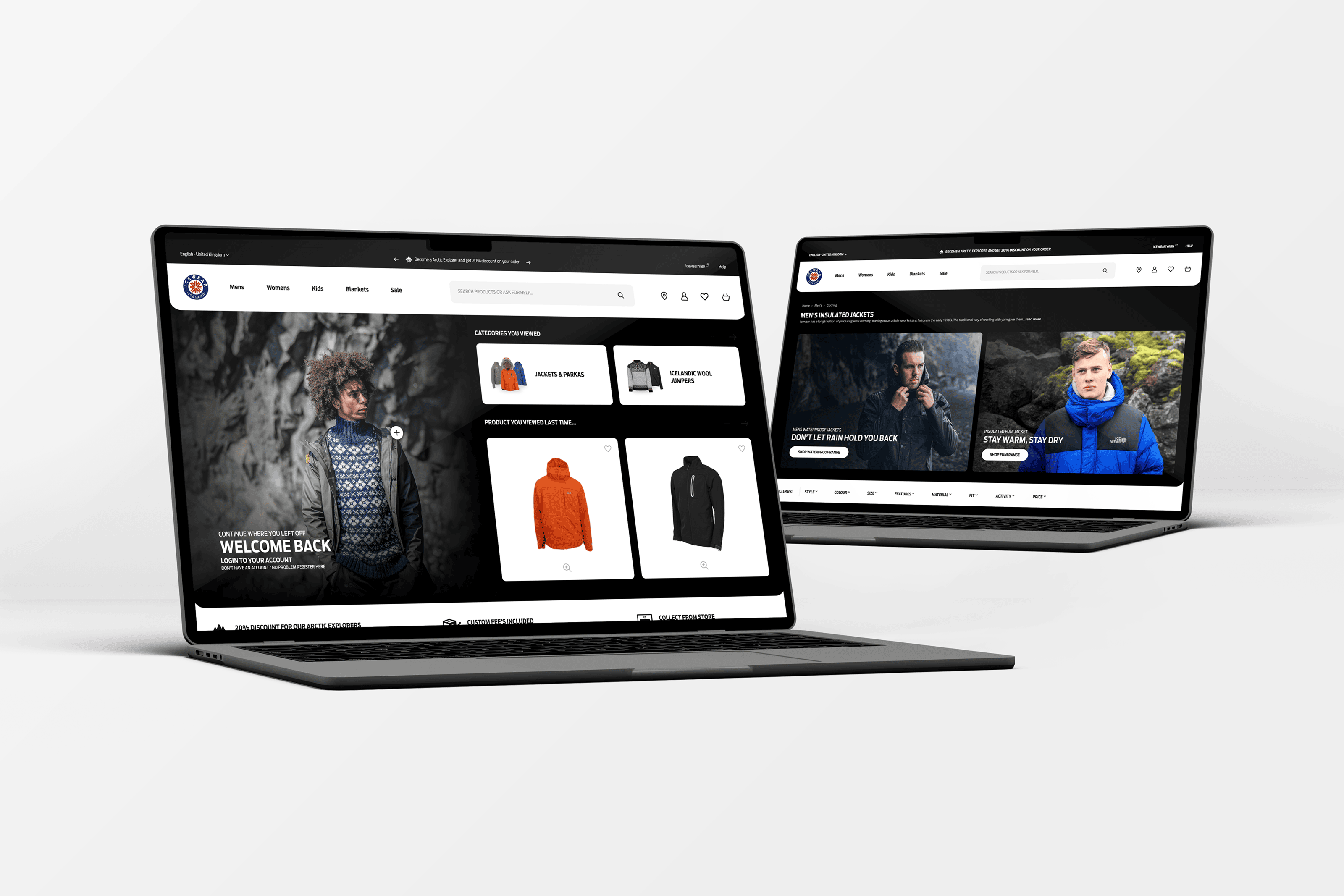 Product grid and FAQ interface on the Icewear ecommerce platform demonstrating improved UX, Magento 2 development and optimised product search for outdoor clothing.