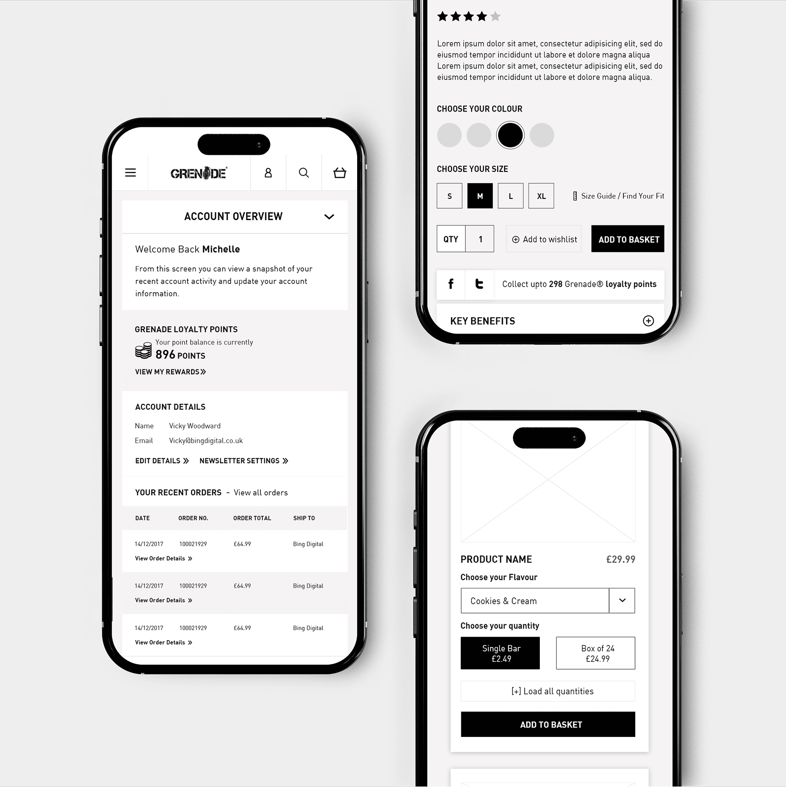 Custom Built Magento eCommerce Website Developed For Grenade Supplements Customer Account Mobile Experience Wireframes