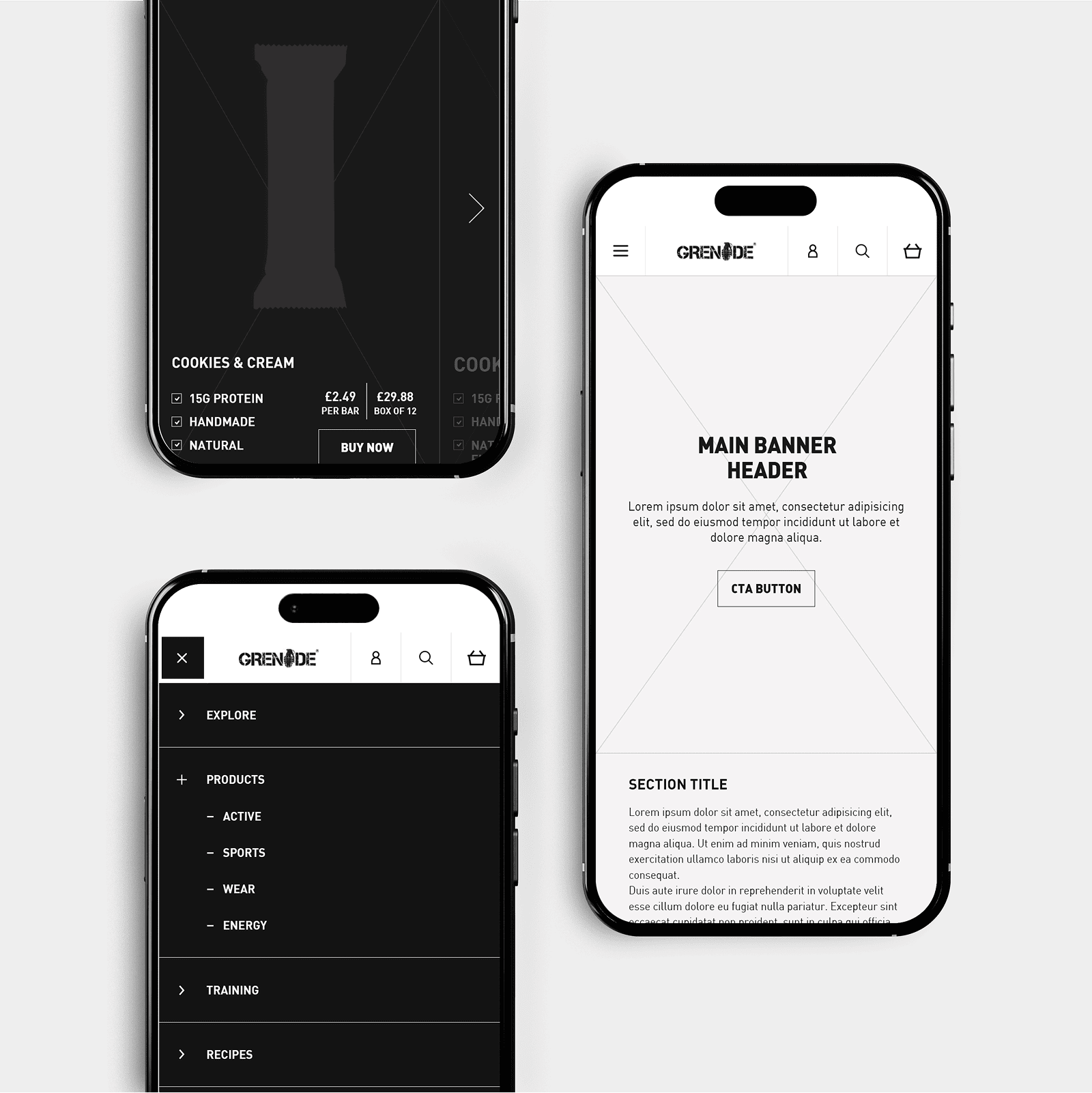 Custom Built Magento eCommerce Website Developed For Grenade Supplements Mobile Experience Wireframes