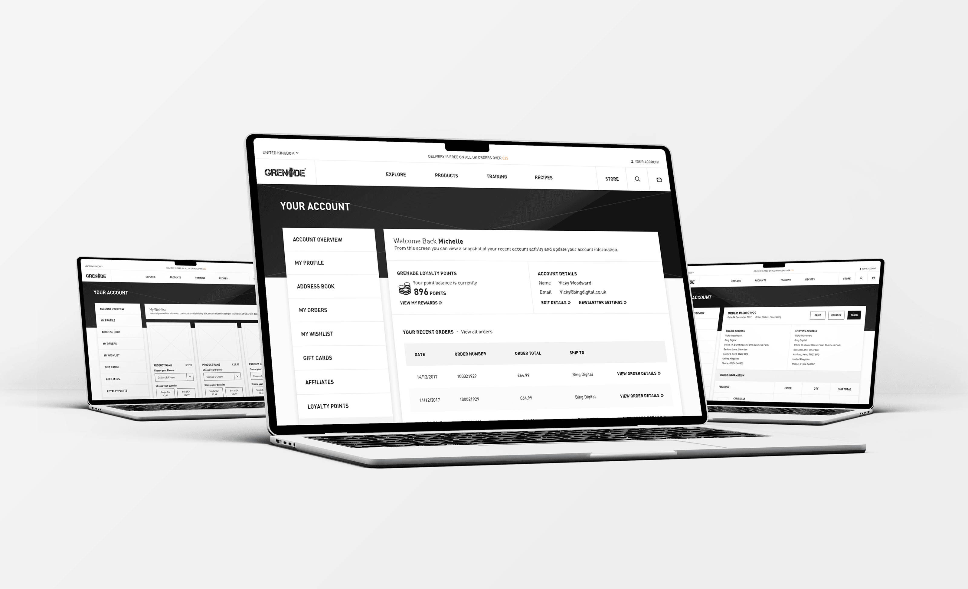 Custom Built Magento eCommerce Website Developed For Grenade Supplements Customer Account Wishlist and Order History Online Experience Wireframes