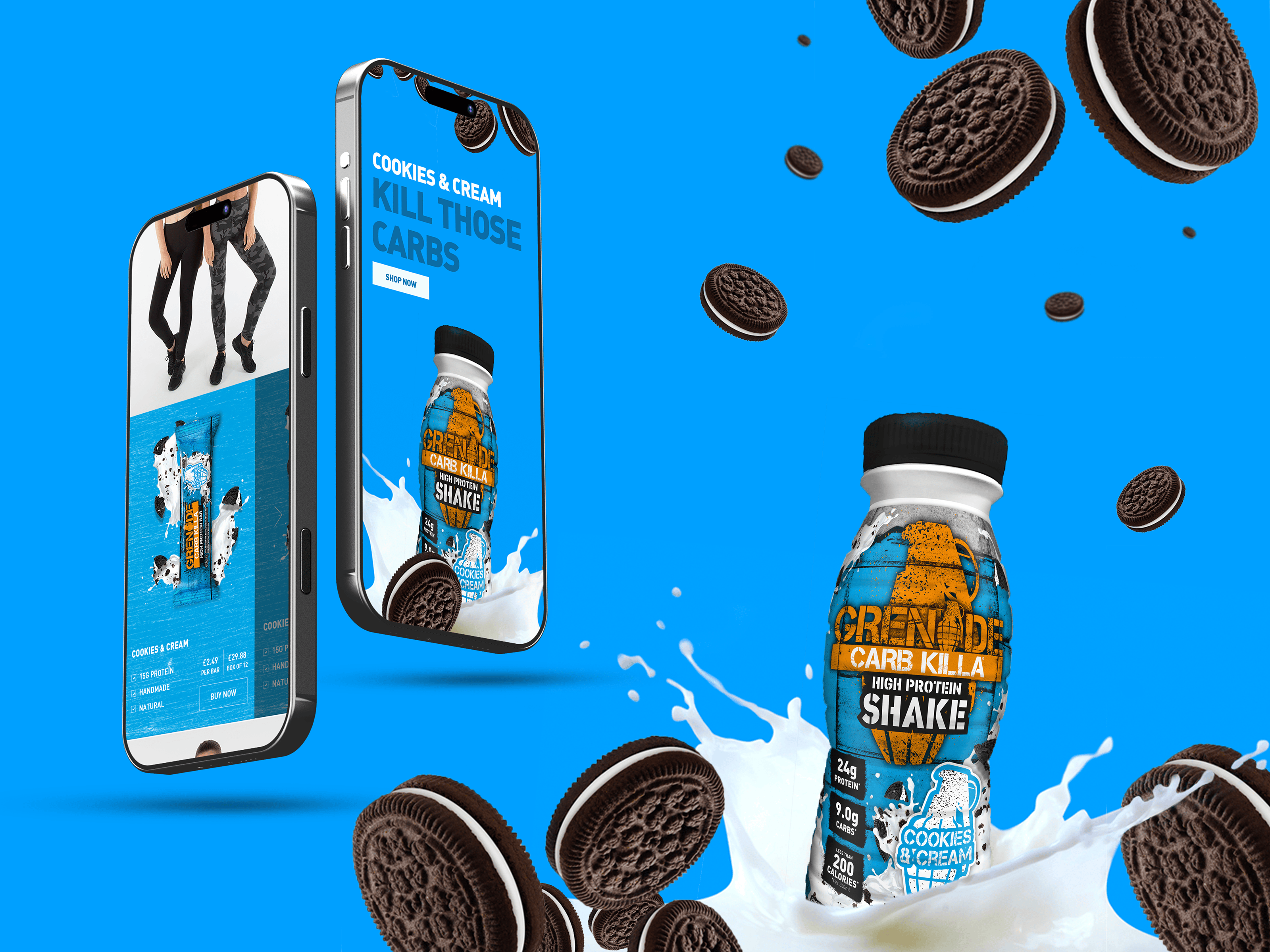 Grenande Carb Killa High Protein Shake Cookies and Cream Mobile Experience For Grenades Custom Build Magento eCommerce Website Experience