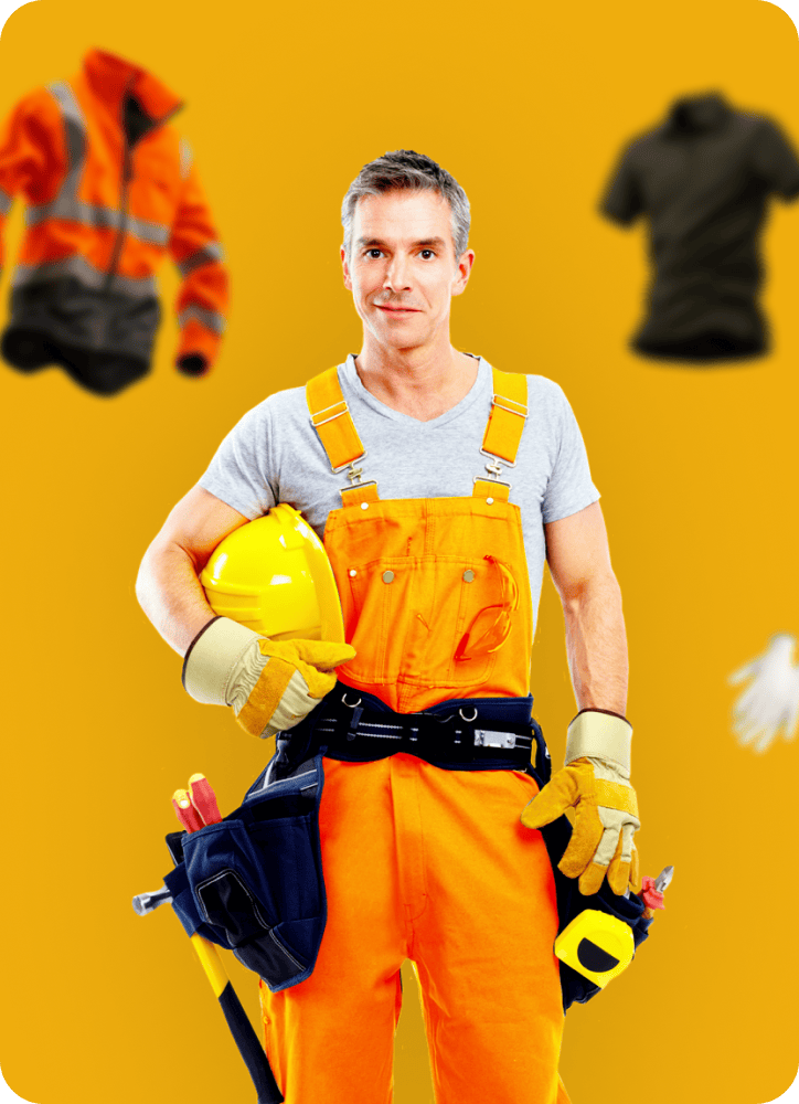 Worker wearing orange overalls holding a yellow hard hat and tools with gloves on.