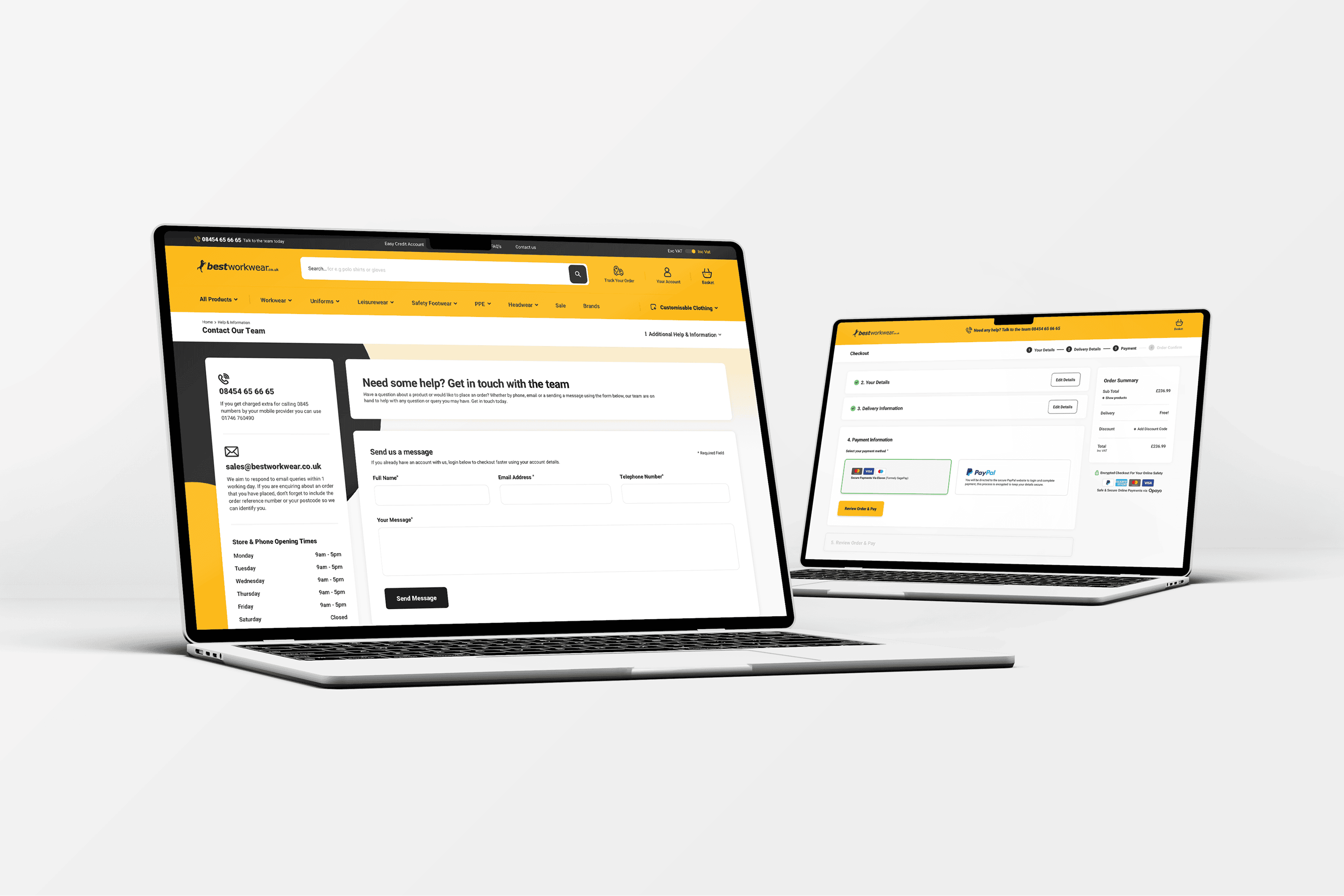 Contact and checkout process of magento 2 ecommerce website for best workwear