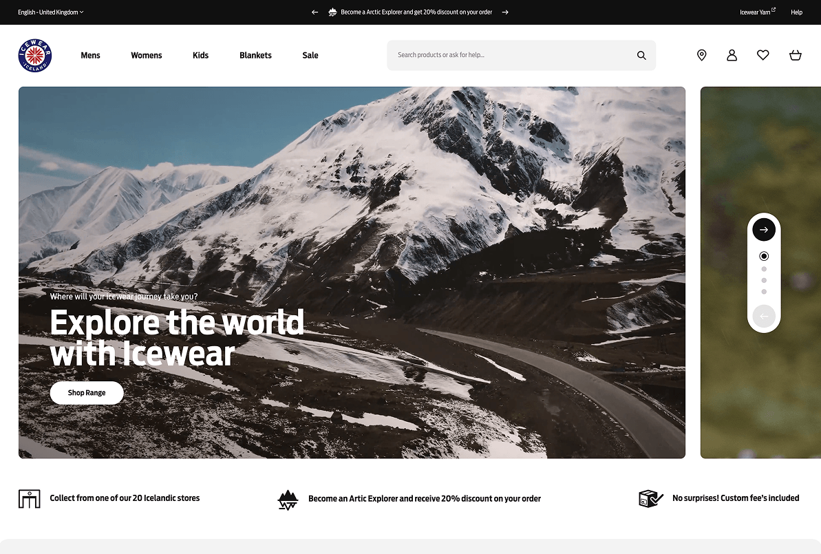 Icewear Iceland e-commerce homepage with full-width lifestyle hero and trust badge navigation, international Magento development by Bing Digital