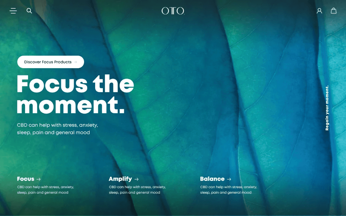 OTO CBD e-commerce homepage with botanical hero imagery and product category navigation, custom Shopify development by Bing Digital