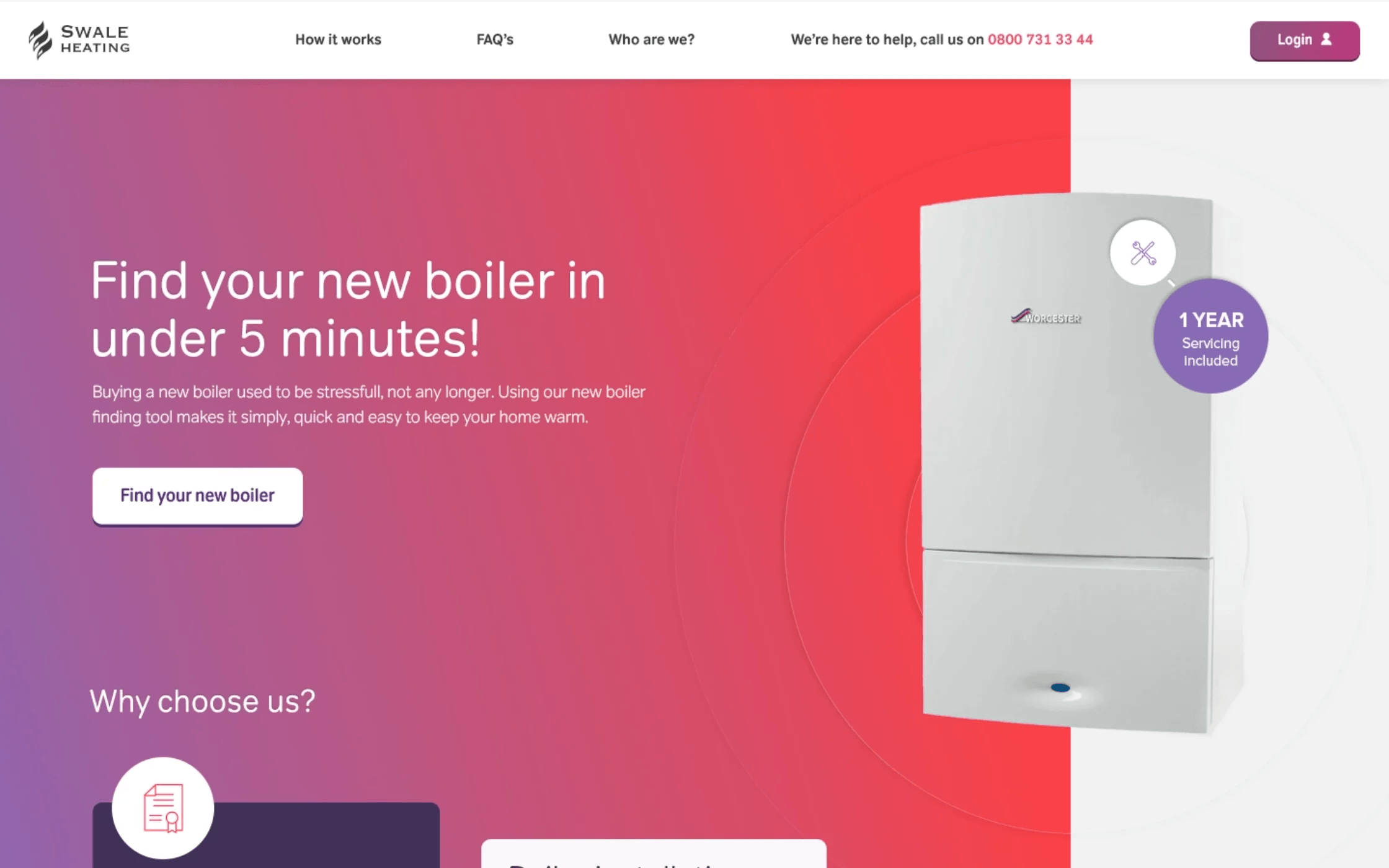 Swale Heating online boiler finder homepage with guided product selection and instant quote tool, custom progressive web app development by Bing Digital