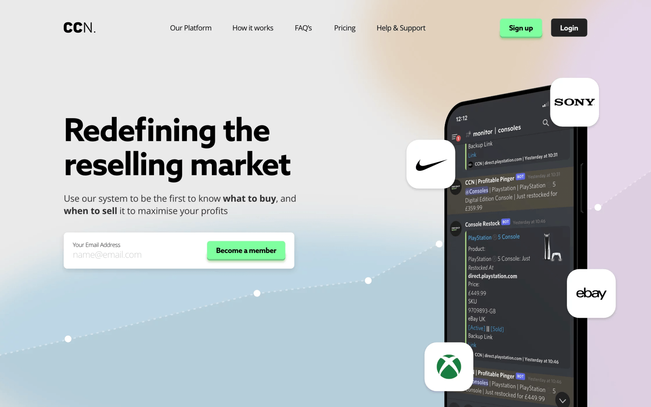 CCN reselling platform homepage with real-time restock alert feed and membership signup, custom SaaS web application development by Bing Digital