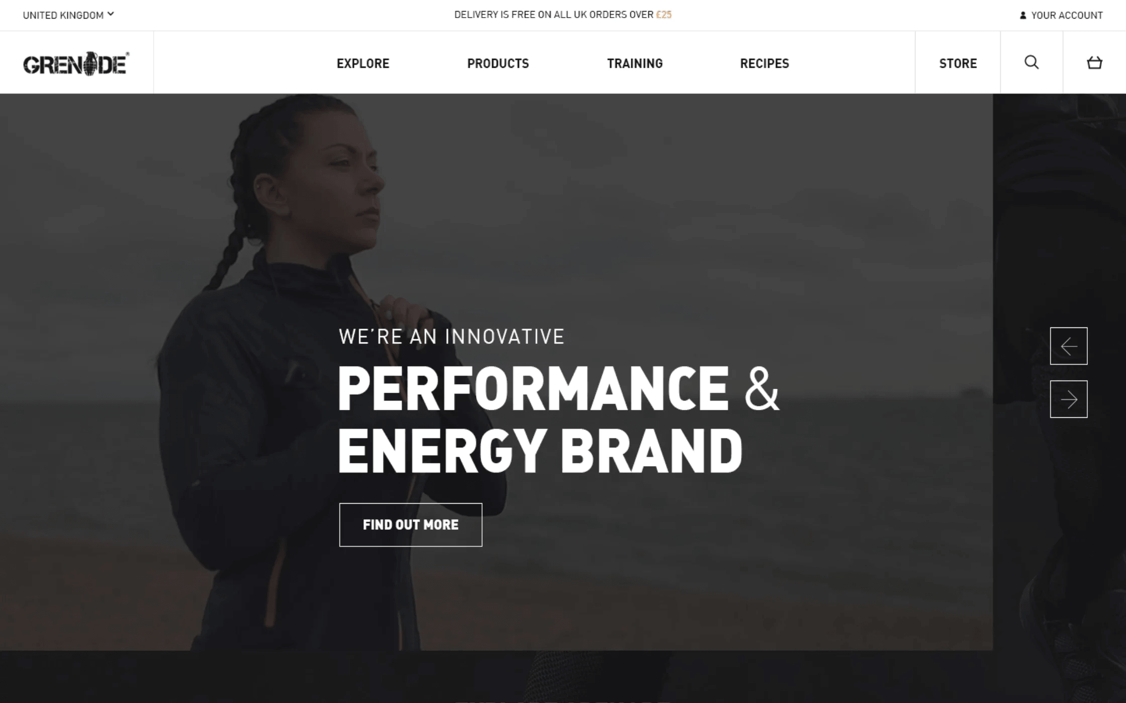 Grenade performance and energy brand website homepage with athlete lifestyle hero, custom Magento development by Bing Digital