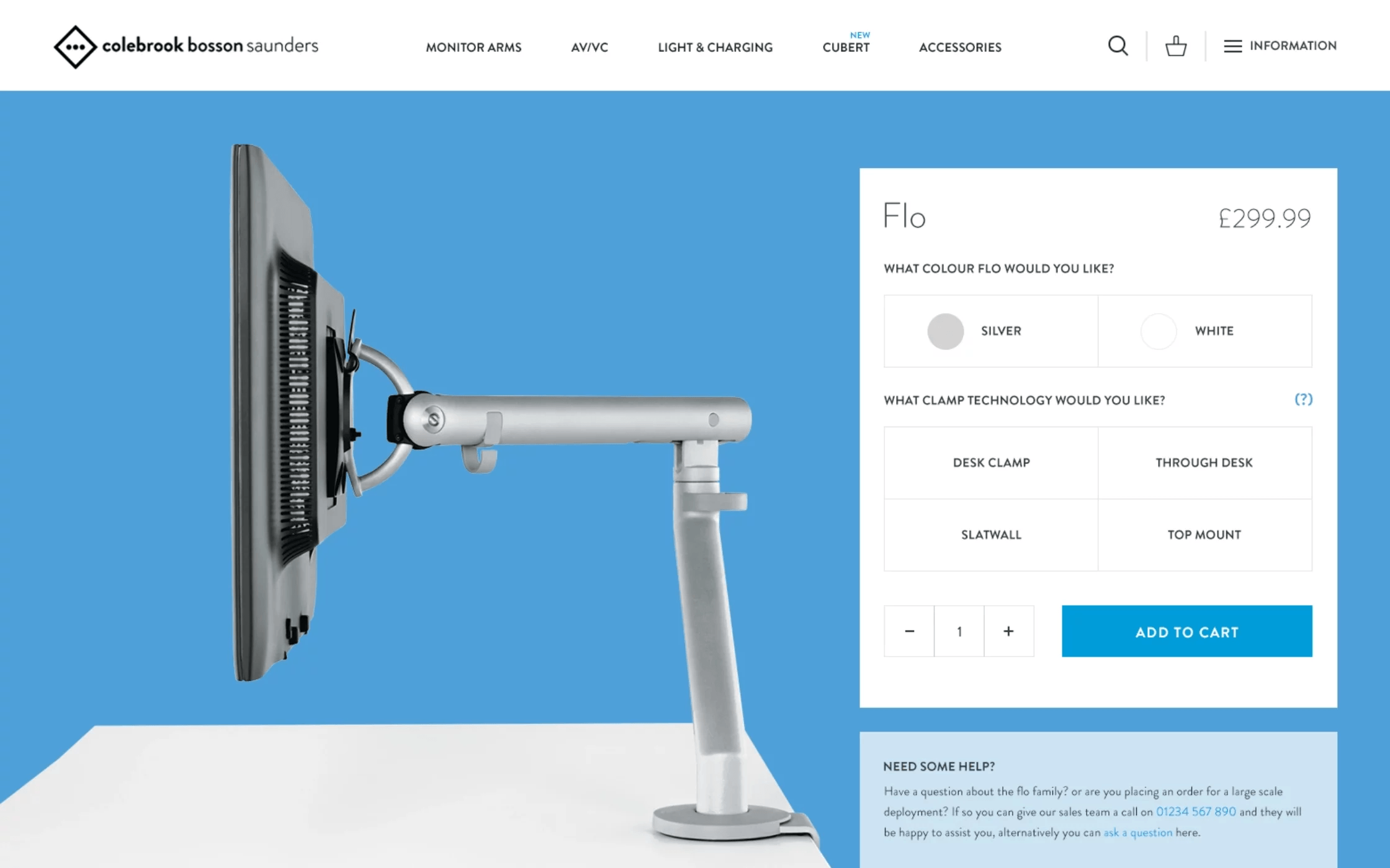 Colebrook Bosson Saunders Flo monitor arm product page with clamp type configuration and add to cart, e-commerce development by Bing Digital