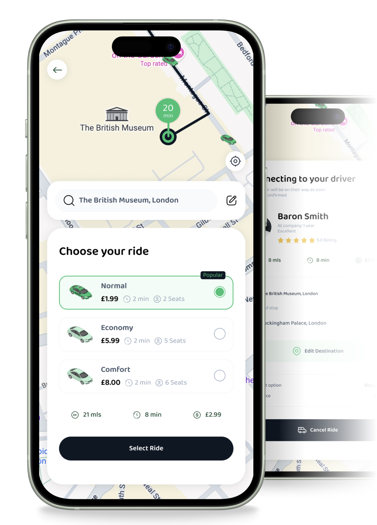 Taxi app built by Bing Digital as part of app development services showcasing iOS app UI for driver searching and pathway