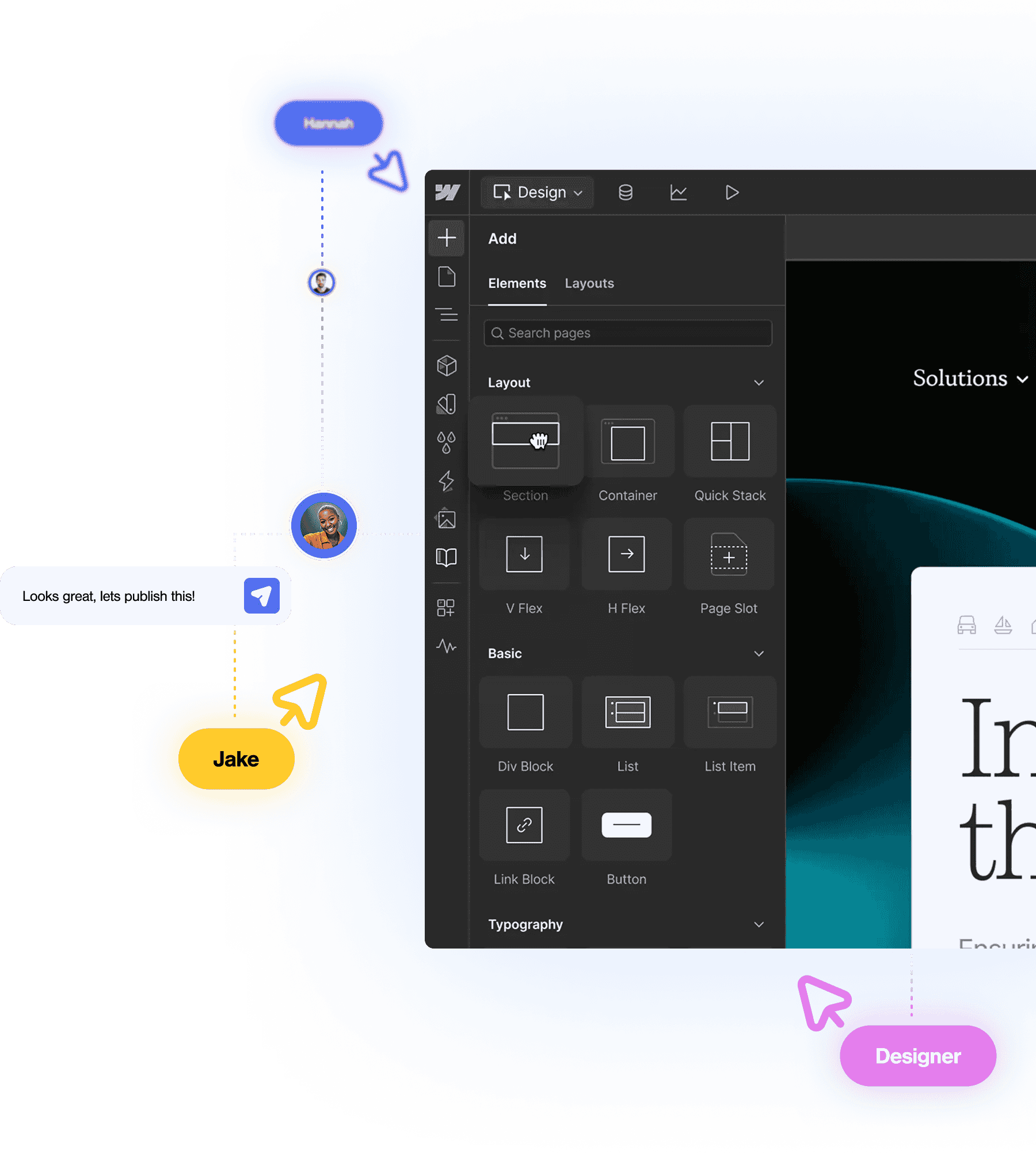 Webflow real-time multi-user collaboration showing live design editing and element management across designers and developers, Webflow agency Bing Digital