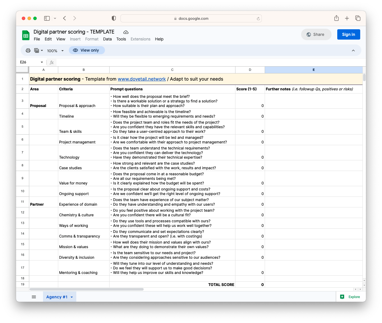 Image of scoring template Google Sheet