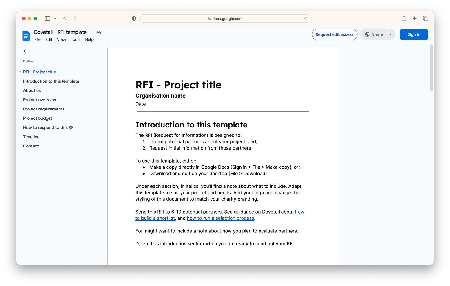 Screenshot of RFI template