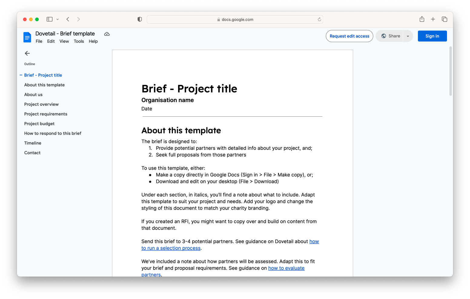 Screenshot of brief template