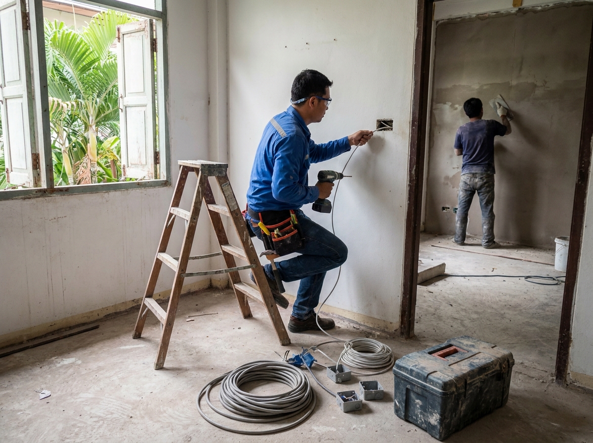 Electrician installing a new lighting circuit during a renovation