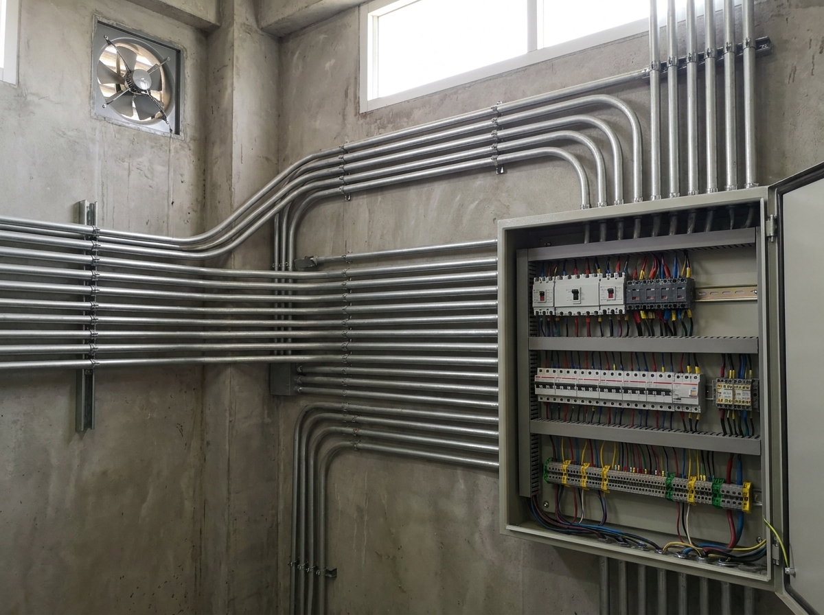 Neat electrical installation with conduits and a distribution board