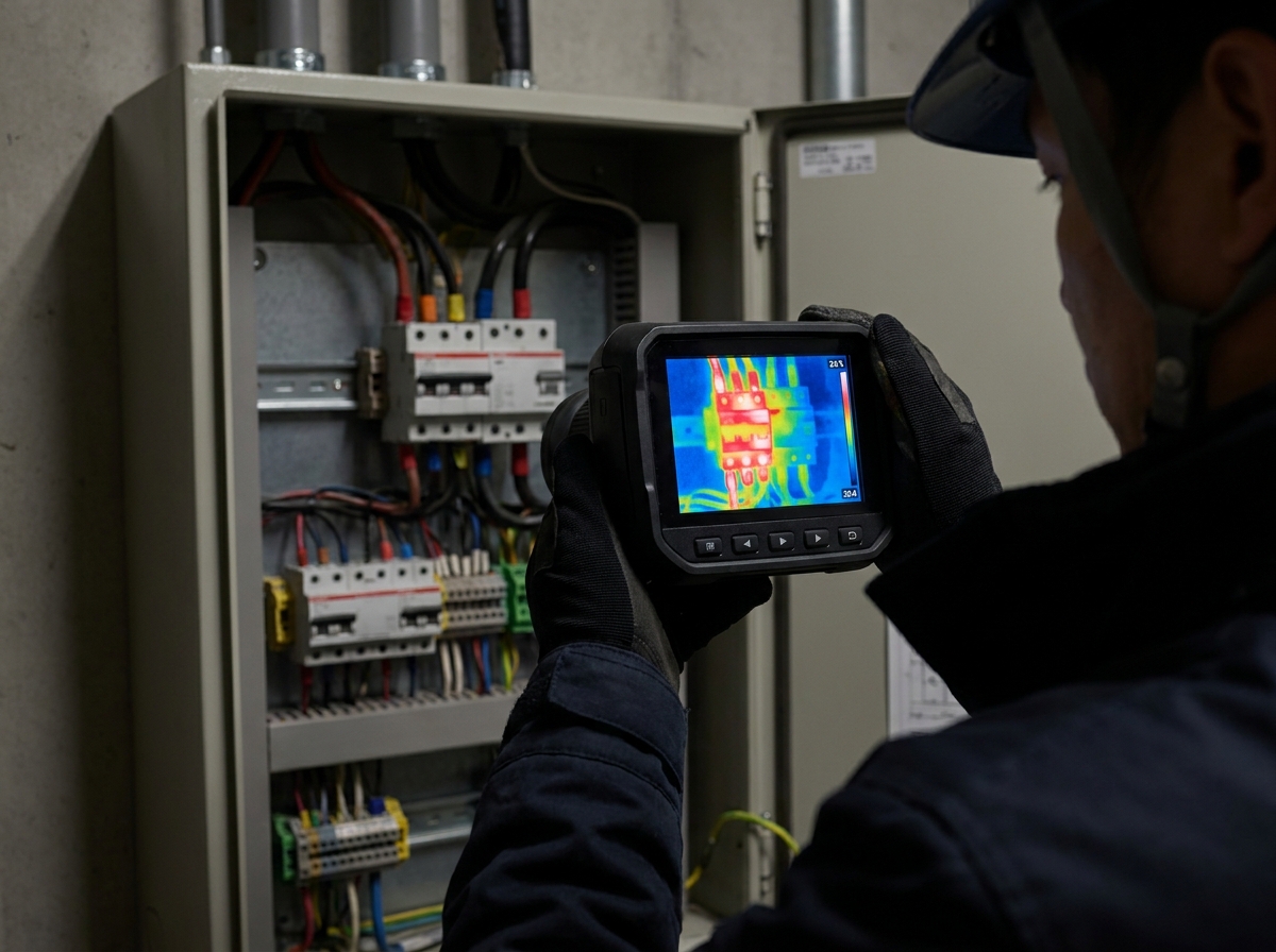 Technician using a thermal imaging camera on electrical panel connections