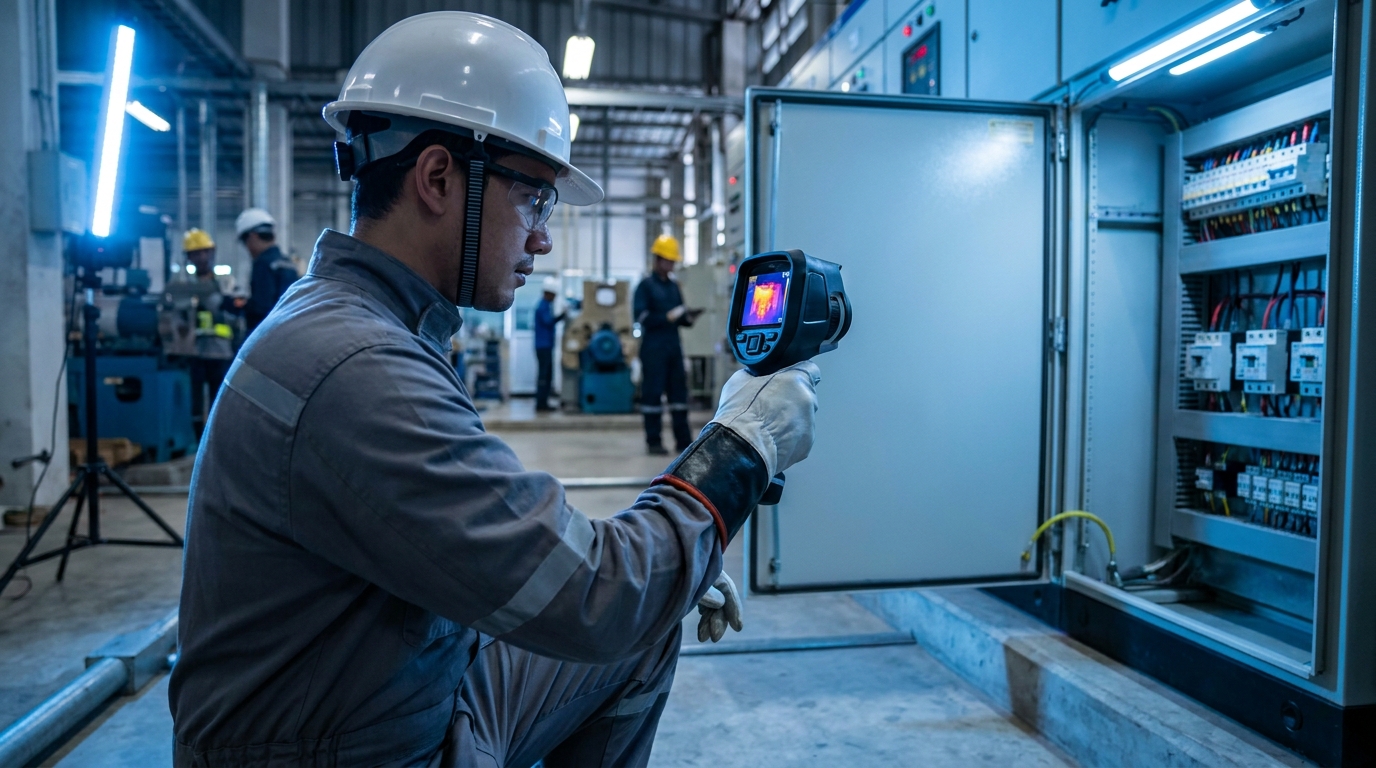 Engineer performing a thermal scan on a switchboard during maintenance