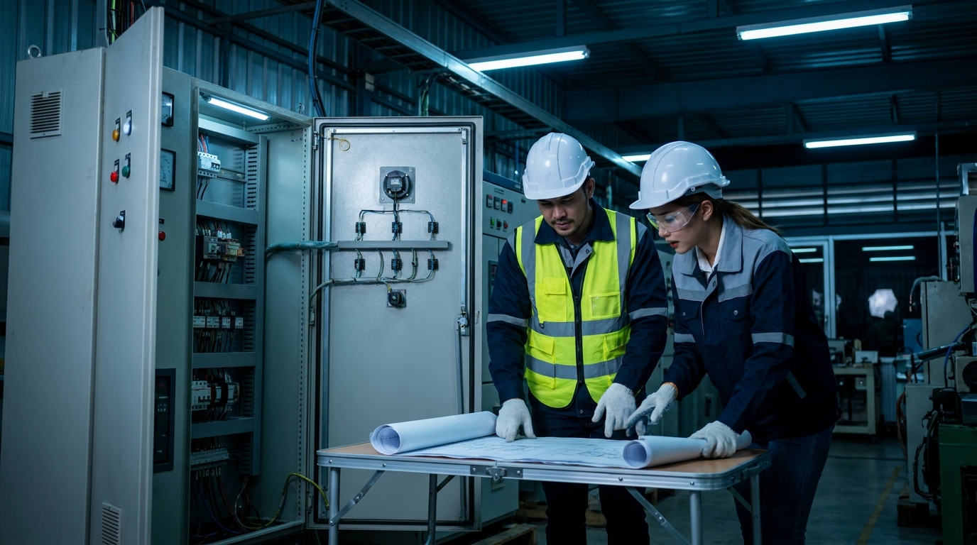 Industrial electrical contractor reviewing a switchboard in a Thai factory
