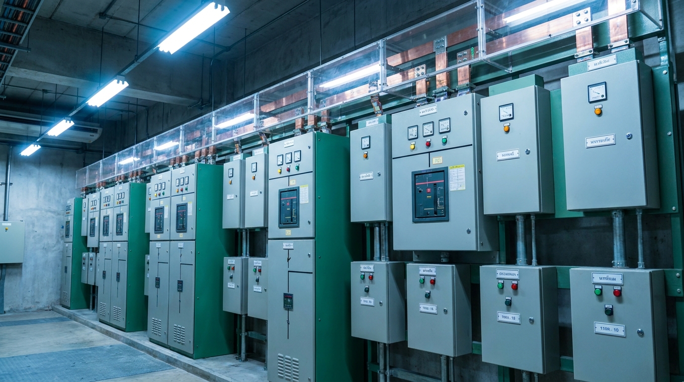 Main switchboard and distribution boards in a Thai industrial electrical room