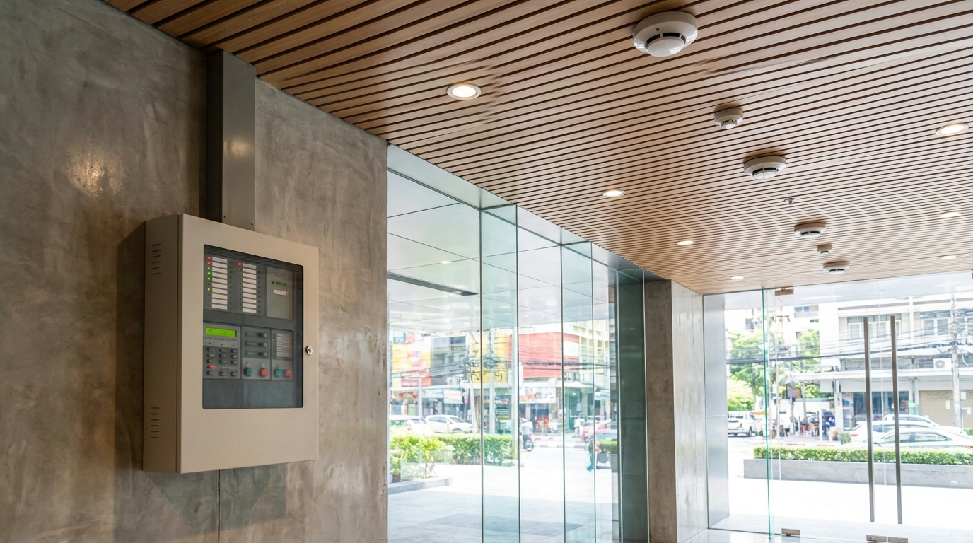 Fire alarm control panel and detectors in a Thai commercial building