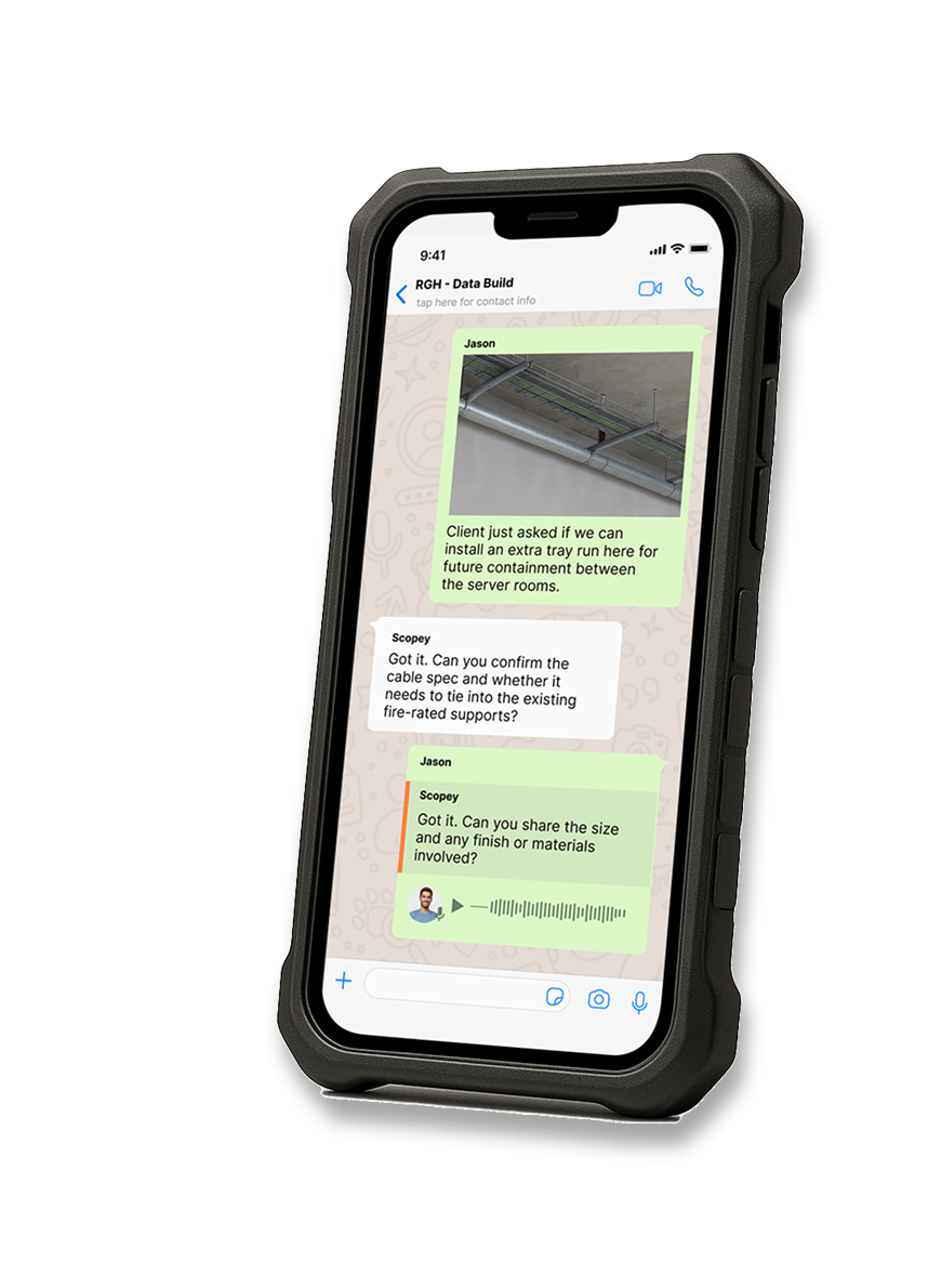 Construction worker using WhatsApp to send site update with Scopey Onsite
