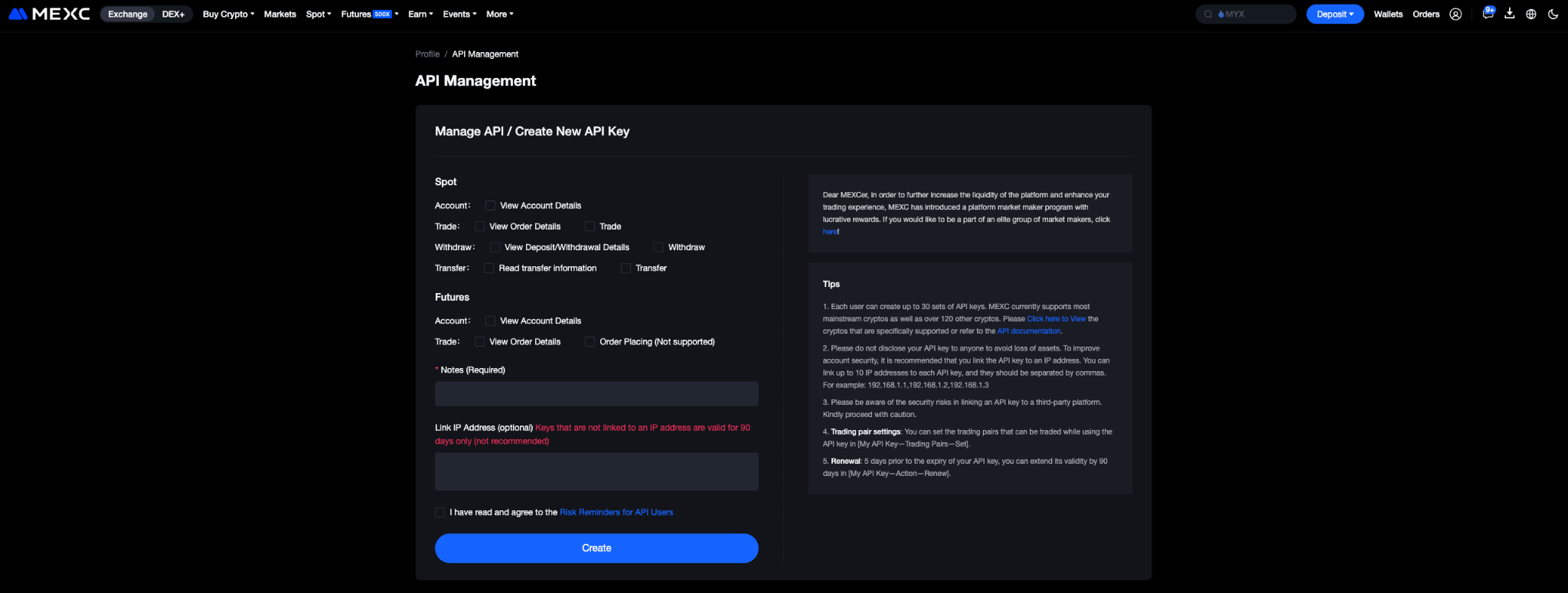 vous arrivez sur ce dashboard pour crée une API ( liée a votre main account ) vous pouvez crée jusqu'a 30 sous compte avec clef API .png