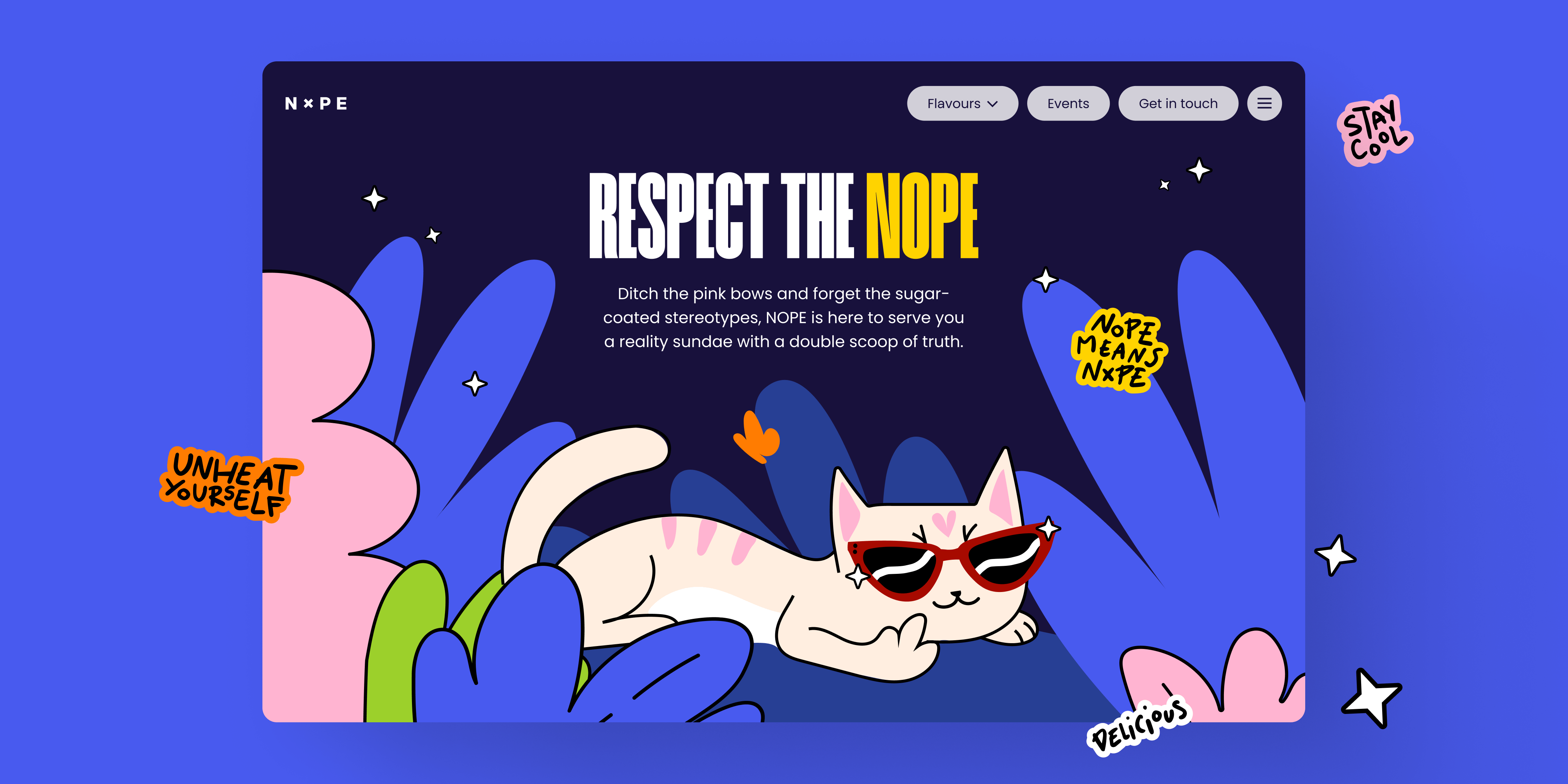 Hero section of a webpage showcasing a cartoon white cat wearing red sunglasses lying among colourful pink, blue, and green plants with the text "Respect the NOPE" and phrases like "Unheat Yourself", "NOPE Means NXPE", and "Stay Cool".