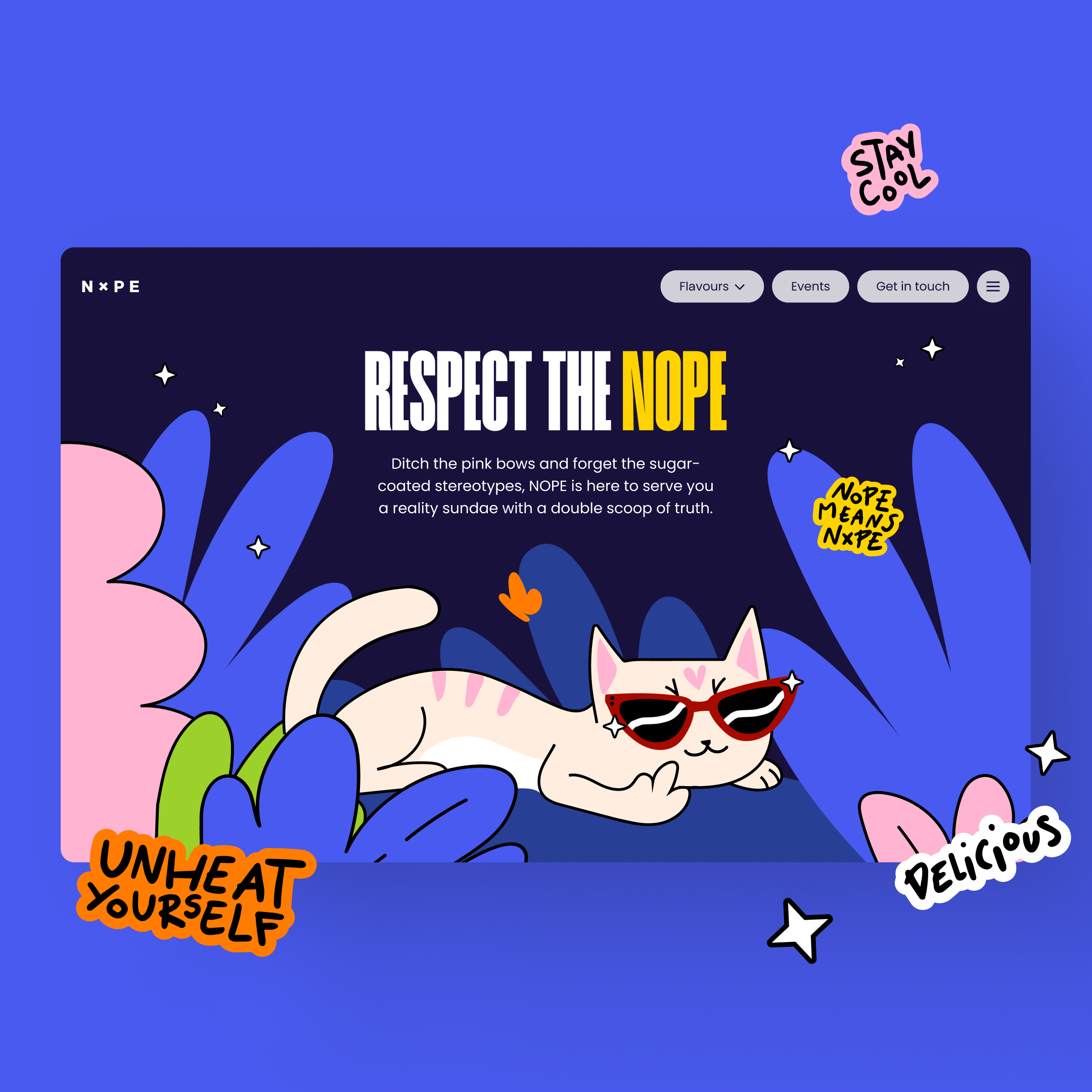 Hero section of a webpage showcasing a cartoon white cat wearing red sunglasses lying among colourful pink, blue, and green plants with the text "Respect the NOPE" and phrases like "Unheat Yourself", "NOPE Means NXPE", and "Stay Cool".