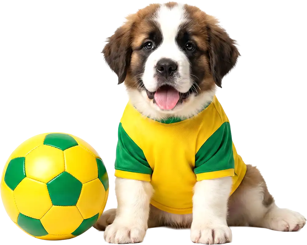 Mascote Din Din vestindo uma camiseta verde e amarela, ao lado de uma bola de futebol verde e amarela.