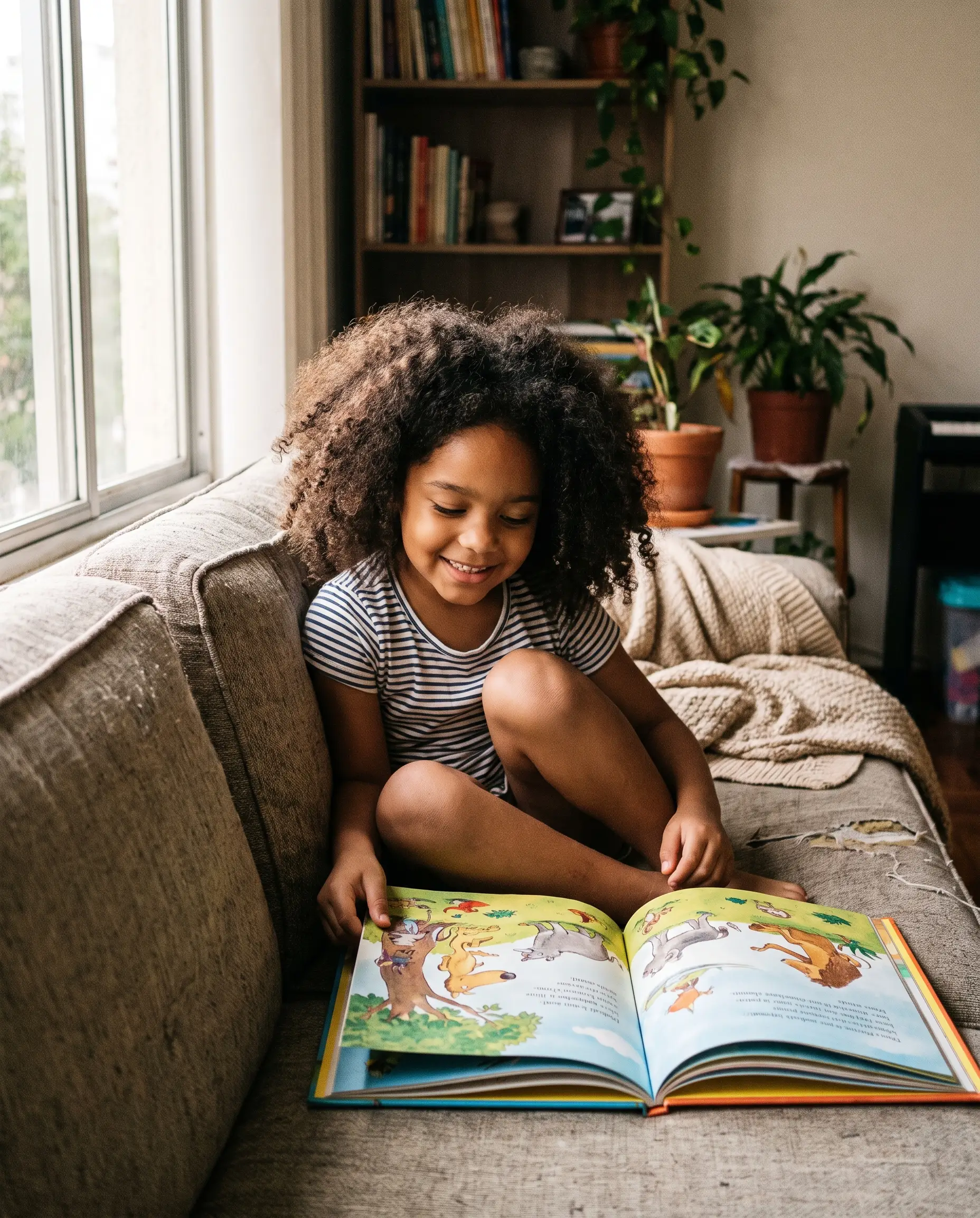 Menina lendo um livro ilustrado no sofá