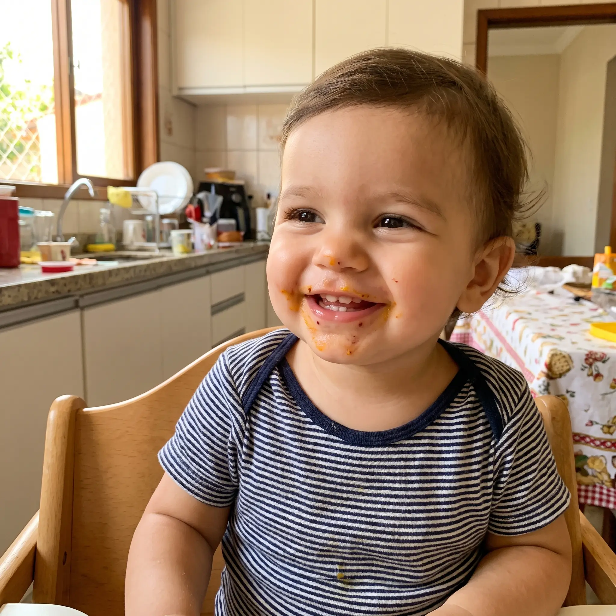 Criança pequena sorrindo na cadeirinha de alimentação