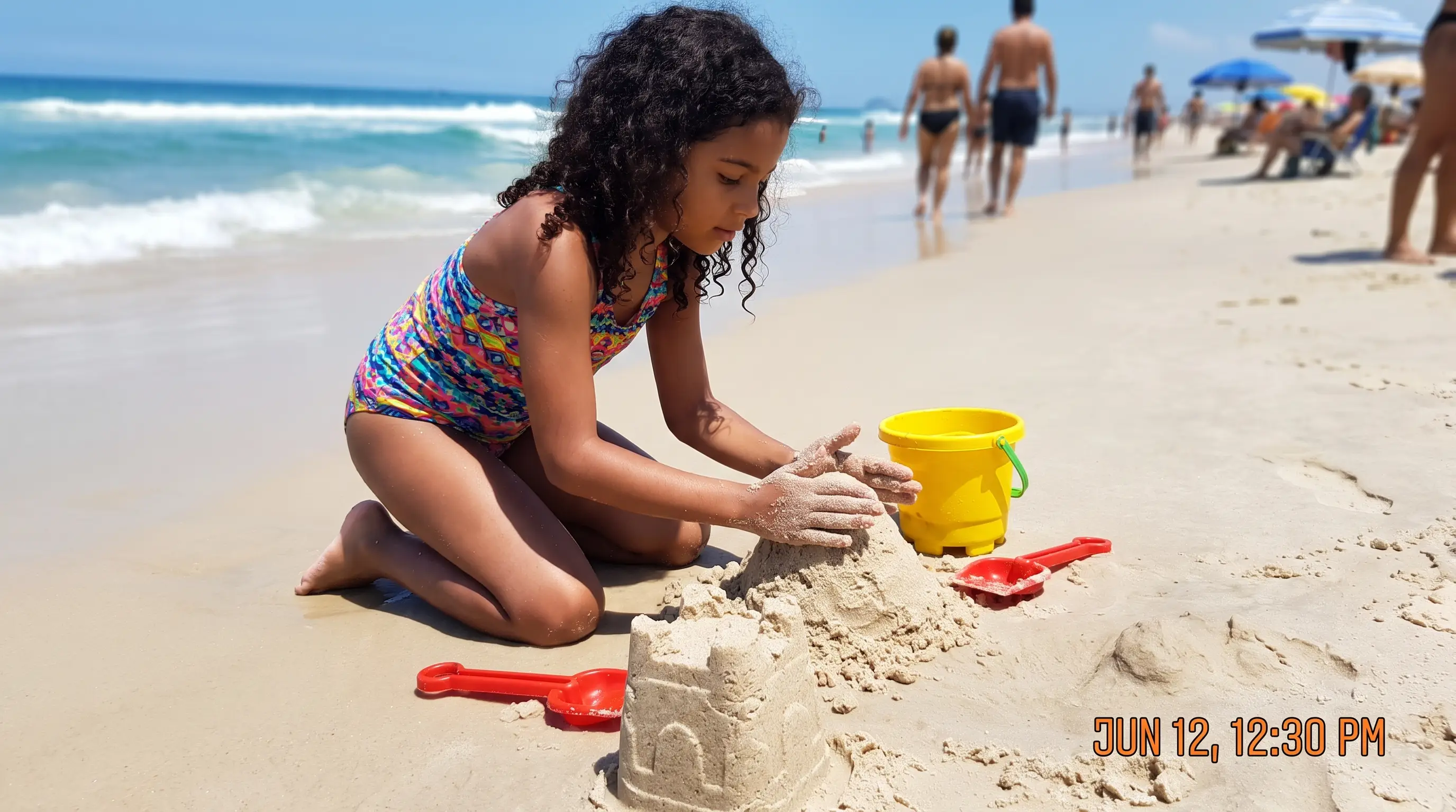 Menina fazendo castelo de areia na praia