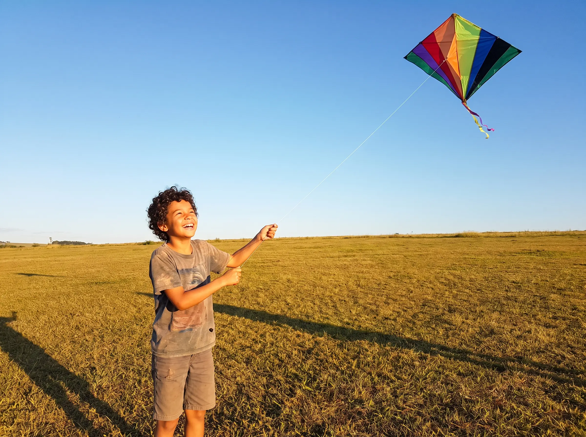 Menino empinando pipa no campo