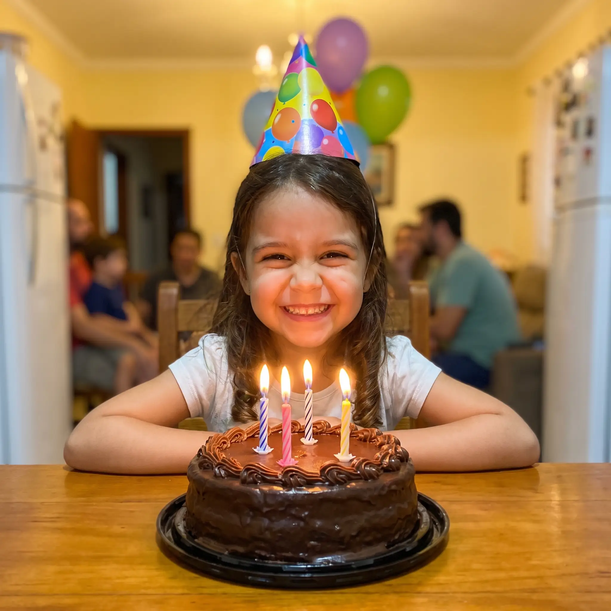 Menina com chapéu de festa diante do bolo de aniversário