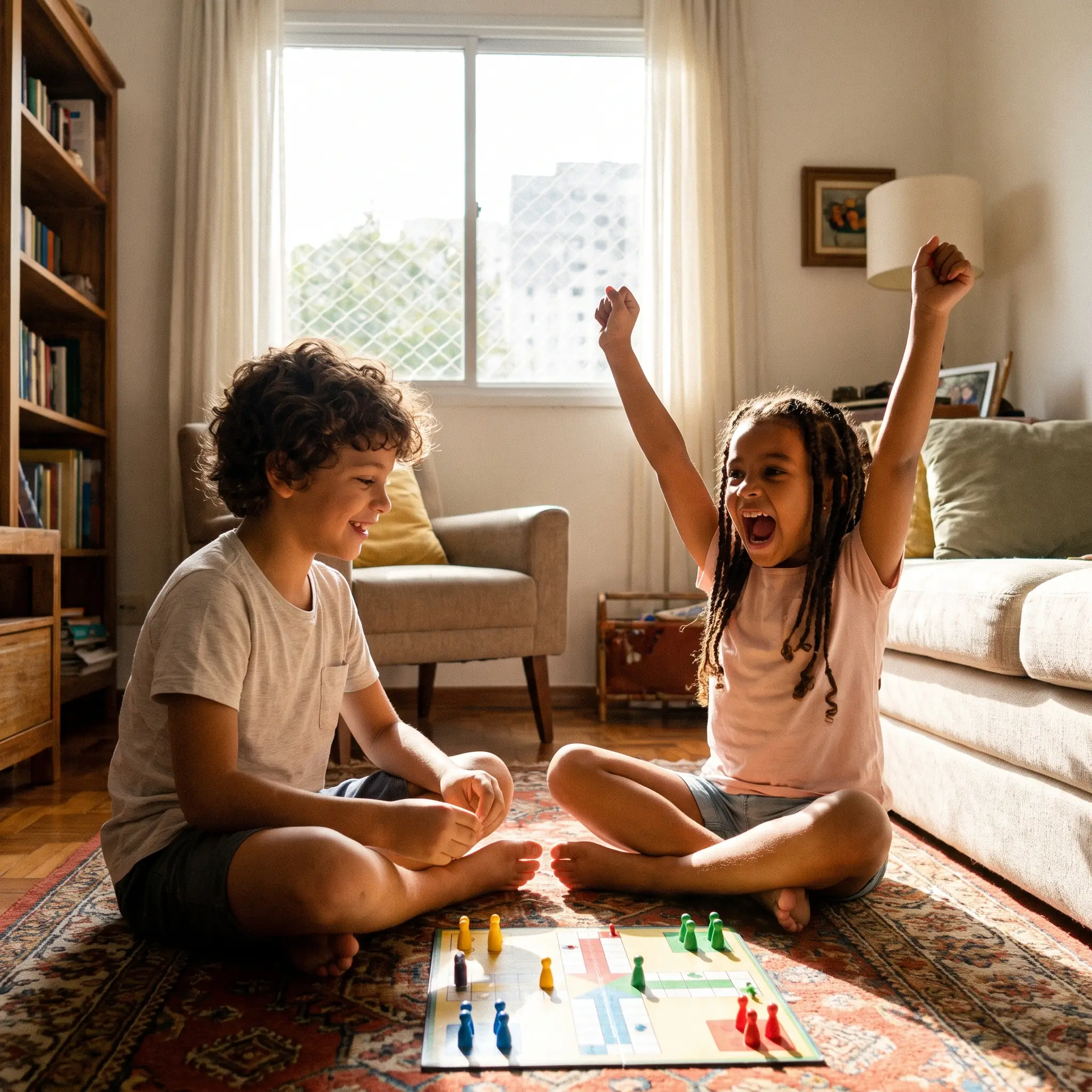 Irmãos jogando um jogo de tabuleiro