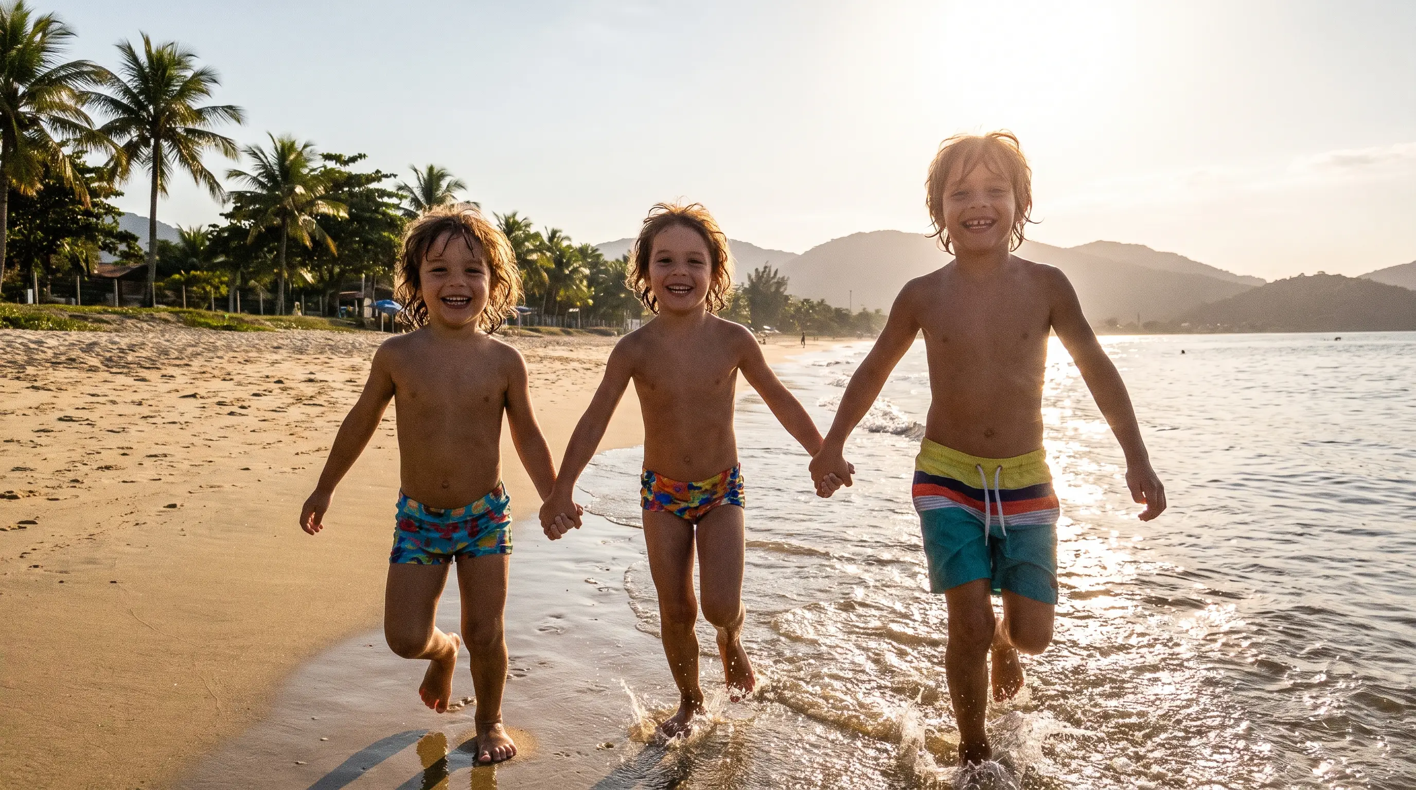 Três crianças correndo de mãos dadas na praia
