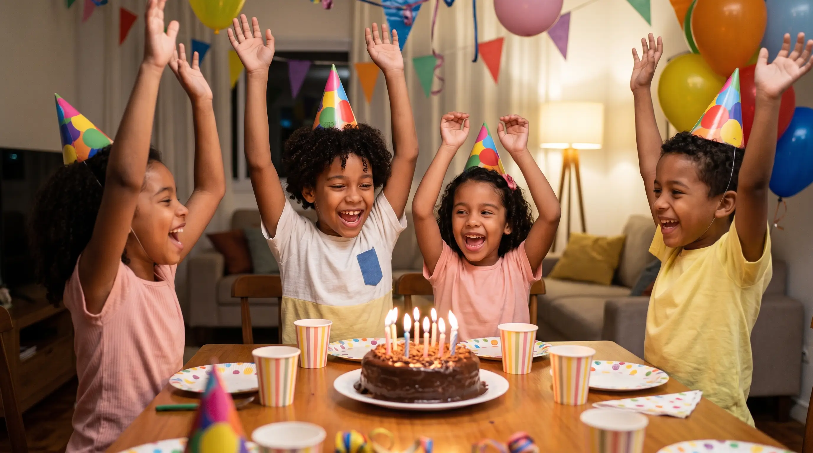 Quatro crianças comemorando diante do bolo de aniversário