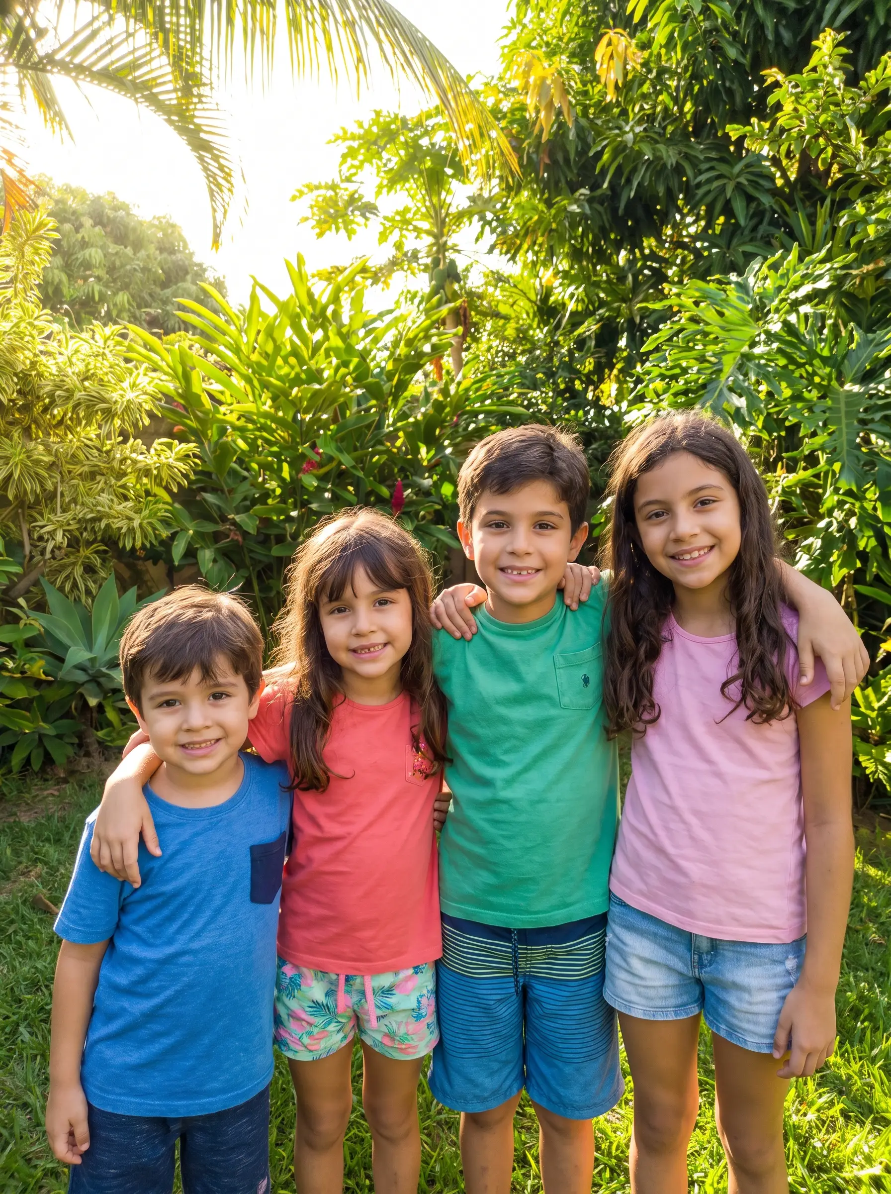 Quatro primos abraçados no quintal