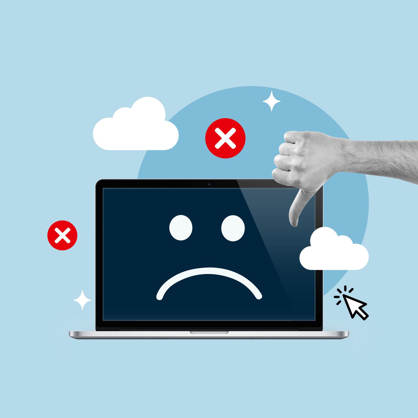 Illustration d'un ordinateur portable affichant un visage triste, avec un pouce vers le bas