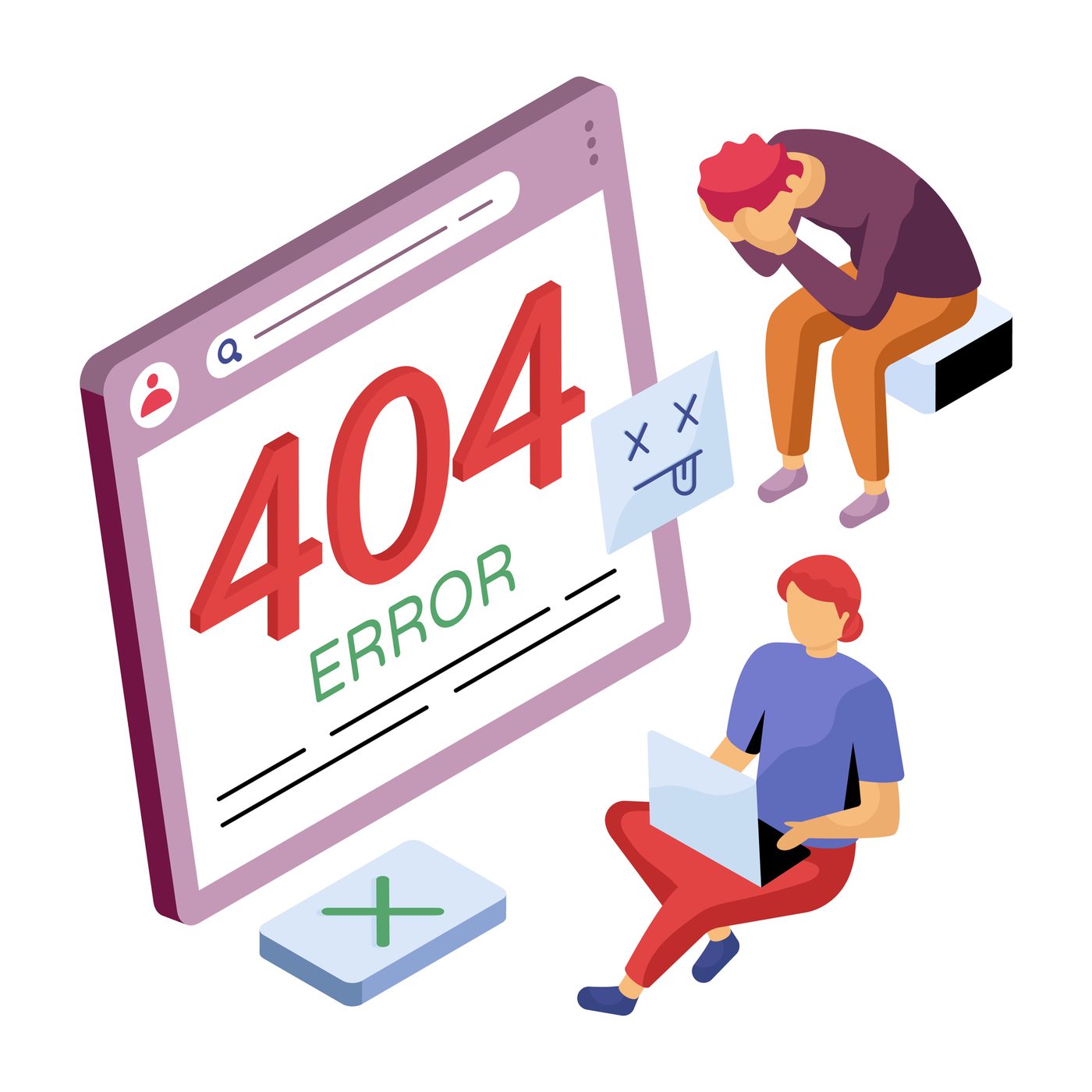 Illustration d'une page d'erreur 404 avec deux personnes découragées