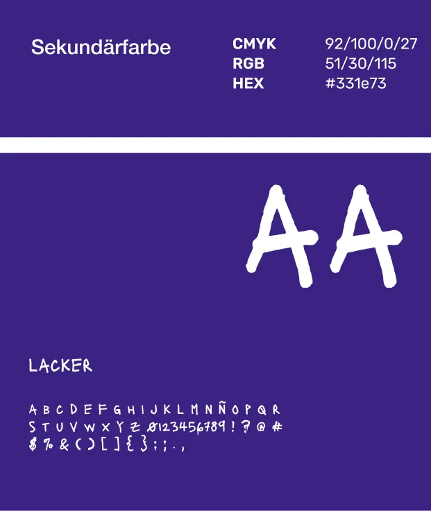 Sekundärfarbe Violett mit Farbwerten und handschriftlicher Akzenttypografie im Corporate Design