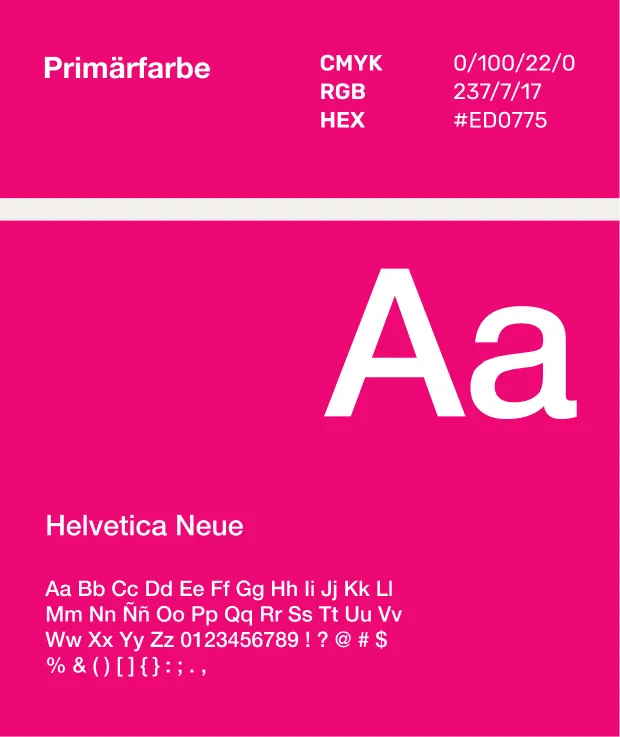 Darstellung der Primärfarbe Pink mit Farbwerten sowie Typografie „Helvetica Neue“ im Brand Guide
