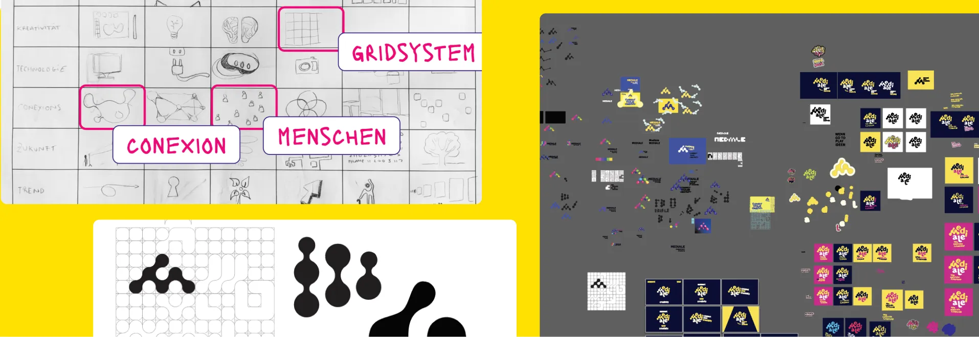 Übersicht von Skizzen und digitalen Entwürfen zu einem modernen Logo-Design mit Verbindungspunkten, Raster und verschiedenen Farbvariationen auf gelbem und grauem Hintergrund.