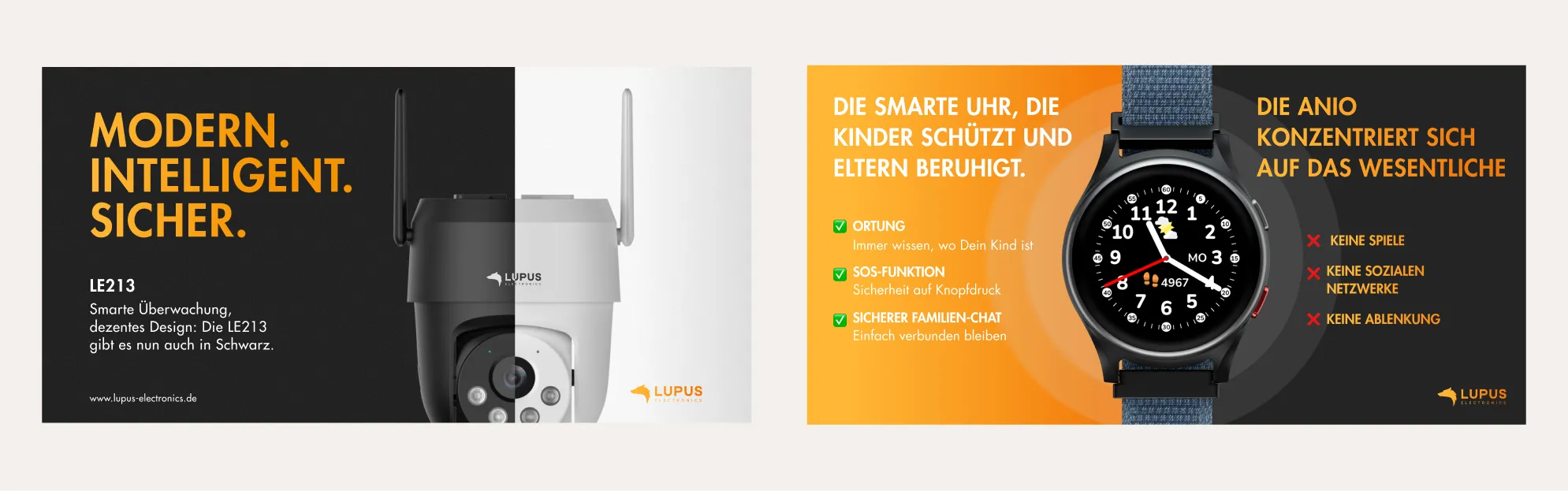 Produktvisual der Sicherheitskamera LE213 mit geteilter Darstellung in Schwarz und Weiß zur Hervorhebung des Designs.