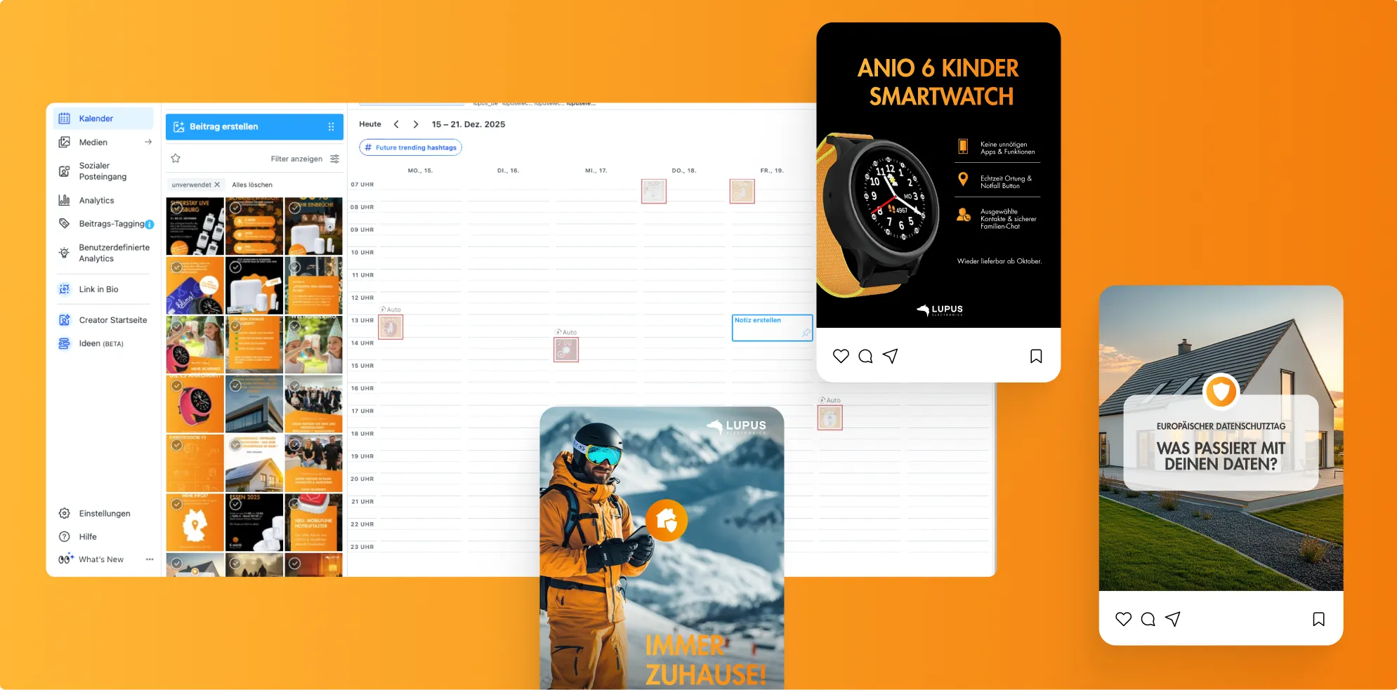 Content-Planungsübersicht mit Social-Media-Beiträgen und Kampagnenmotiven für Lupus Electronics