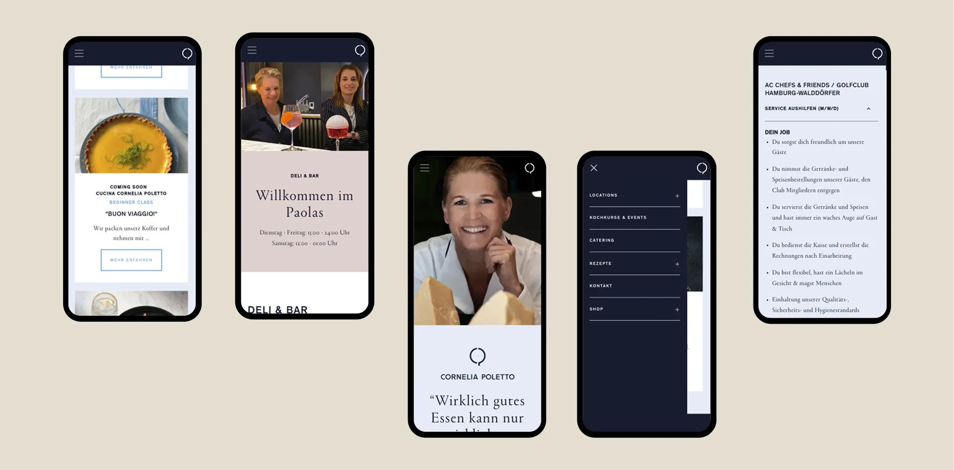 Fünf Smartphone-Bildschirme zeigen Inhalte einer Food- und Catering-Website mit Rezepten, Begrüßung im Deli & Bar, Portrait von Cornelia Poletto, Navigation und Jobbeschreibung.