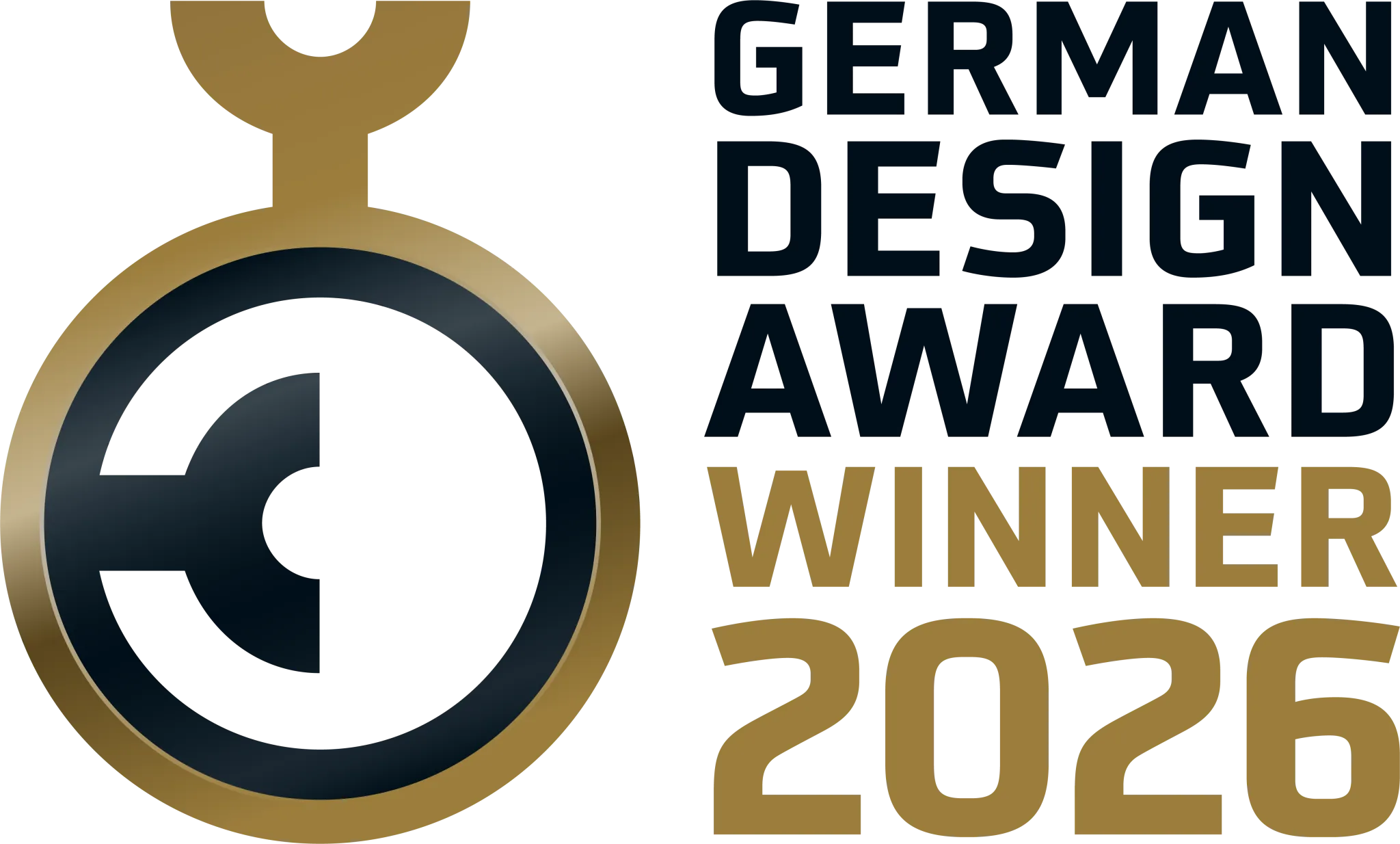 Logo des German Design Award Gewinner 2026 mit goldenem und schwarzem Medaillenmotiv.